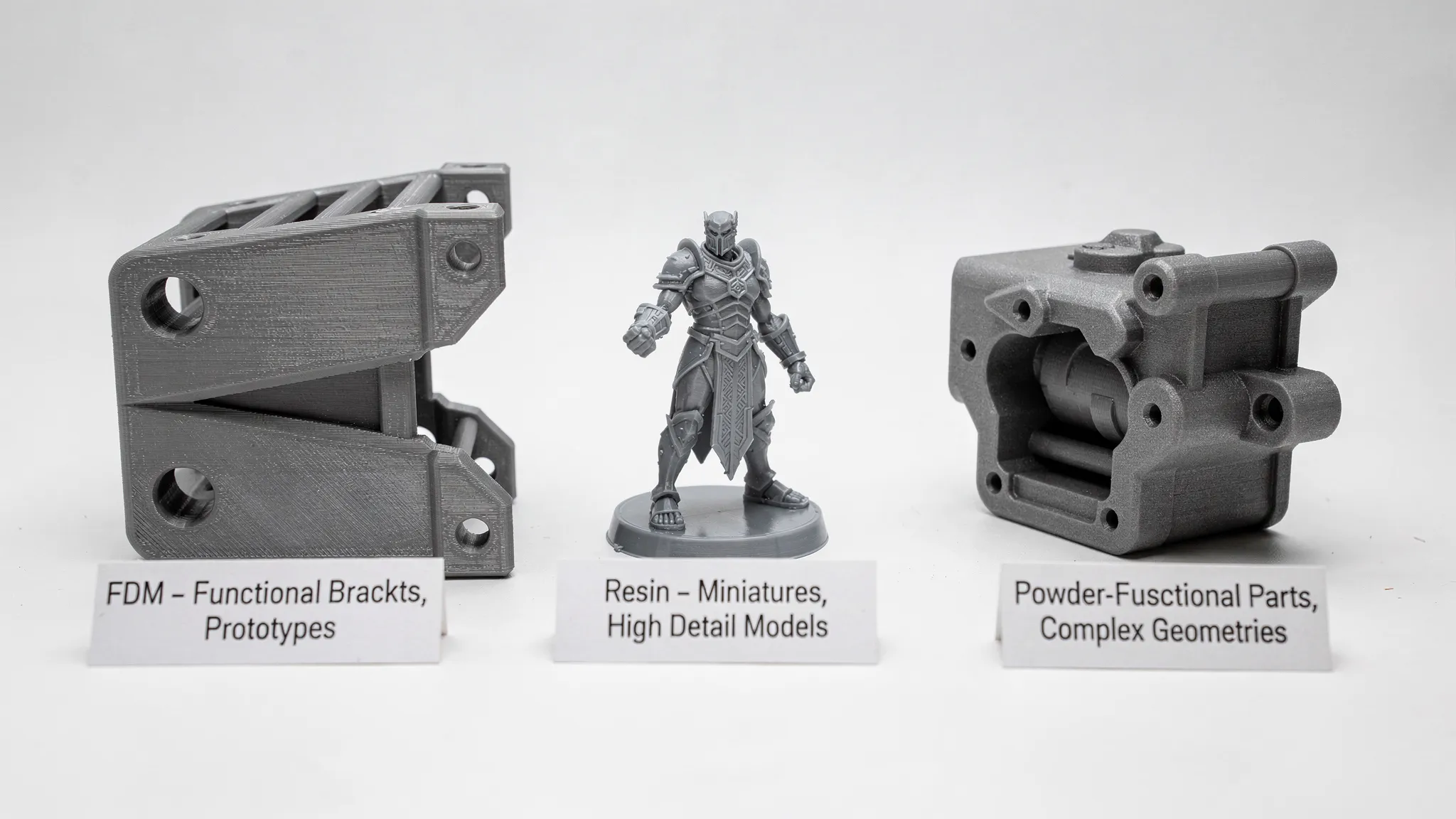 A comparison scene showing three 3D printed parts side by side: a large functional bracket with visible layer lines (FDM), a highly detailed miniature (resin), and a matte textured functional component (powder-based), each labeled with its process and typical use case.