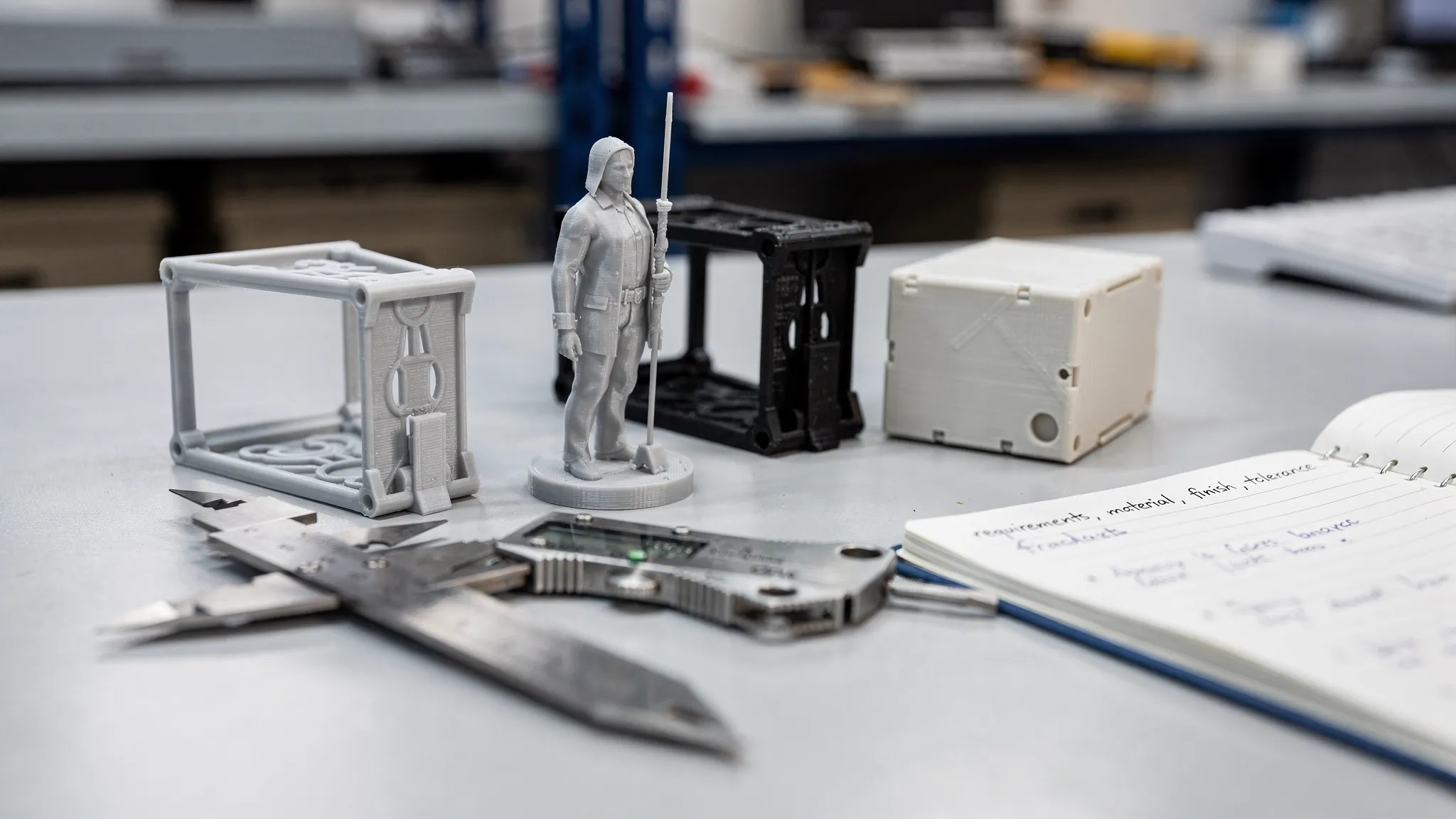 A workbench scene with several 3D printed sample parts in different materials and finishes, including a detailed miniature, a functional bracket, and a small enclosure, arranged next to calipers and a notepad labeled “requirements, material, finish, tolerance.”