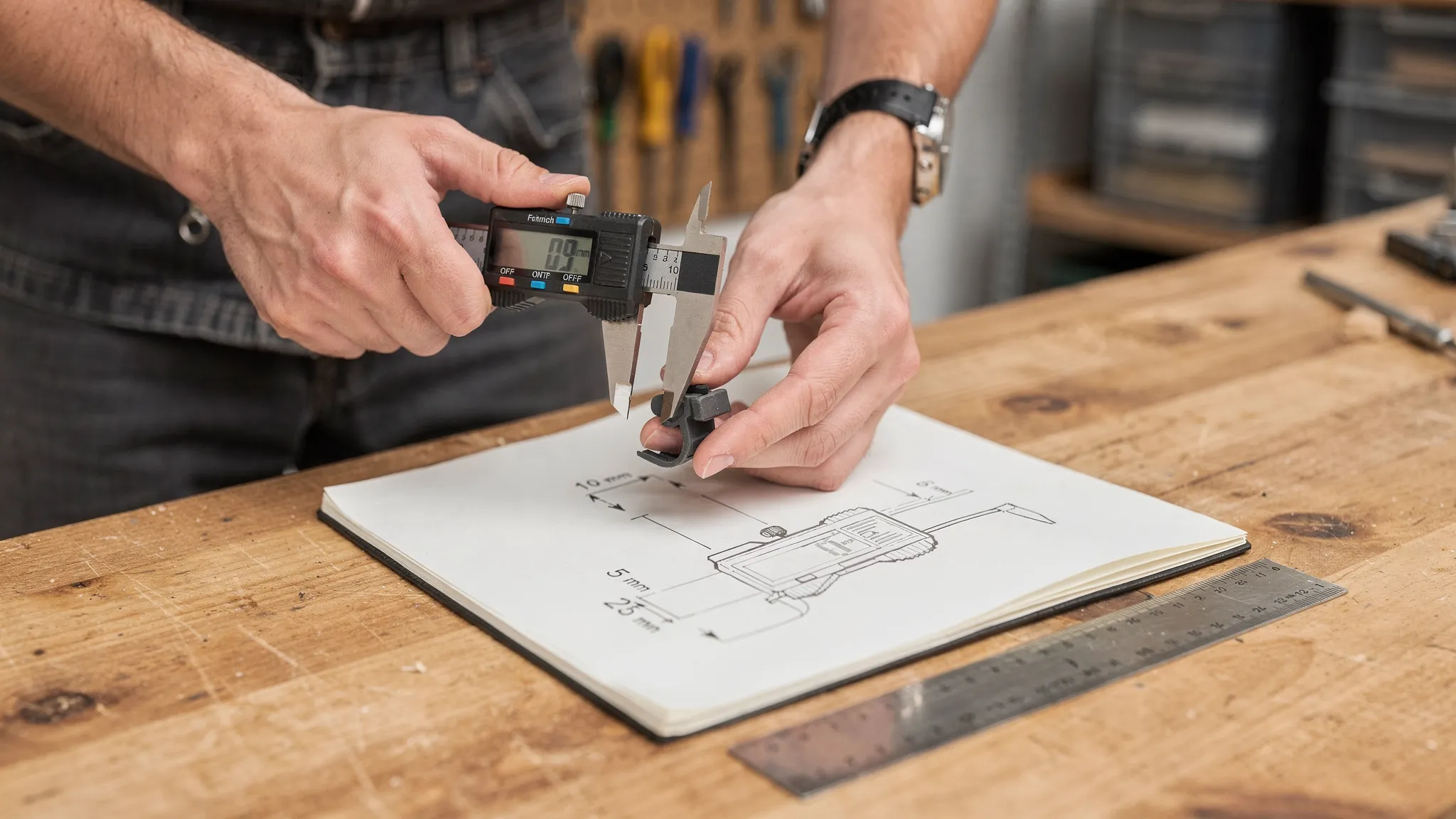 A homeowner measuring a small broken plastic clip with digital calipers on a workbench next to a notebook sketch with labeled dimensions and a simple ruler.