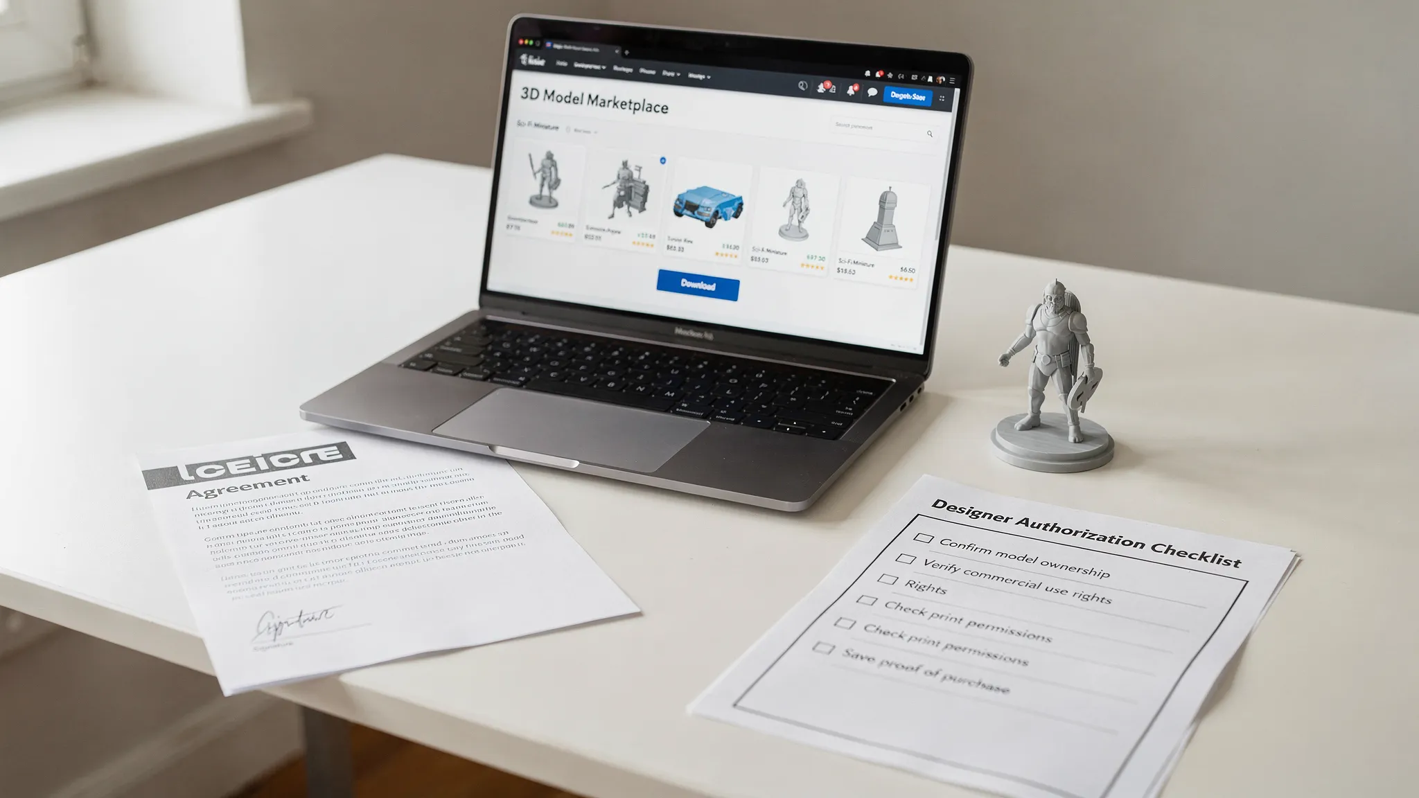 A desktop scene with a laptop showing a 3D model marketplace page, a printed miniature, a license document, and a checklist for verifying designer authorization before printing.