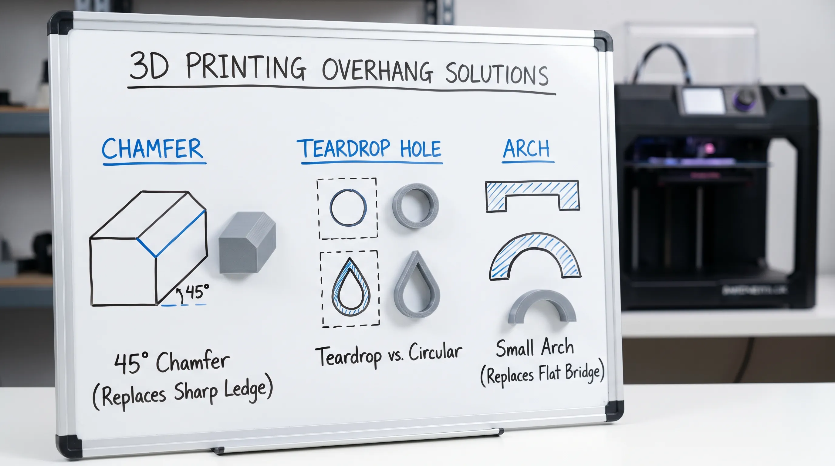 Diagram showing common overhang solutions for 3D printing: a 45-degree chamfer replacing a sharp ledge, a teardrop-shaped hole vs a circular hole, and a small arch replacing a flat bridge.