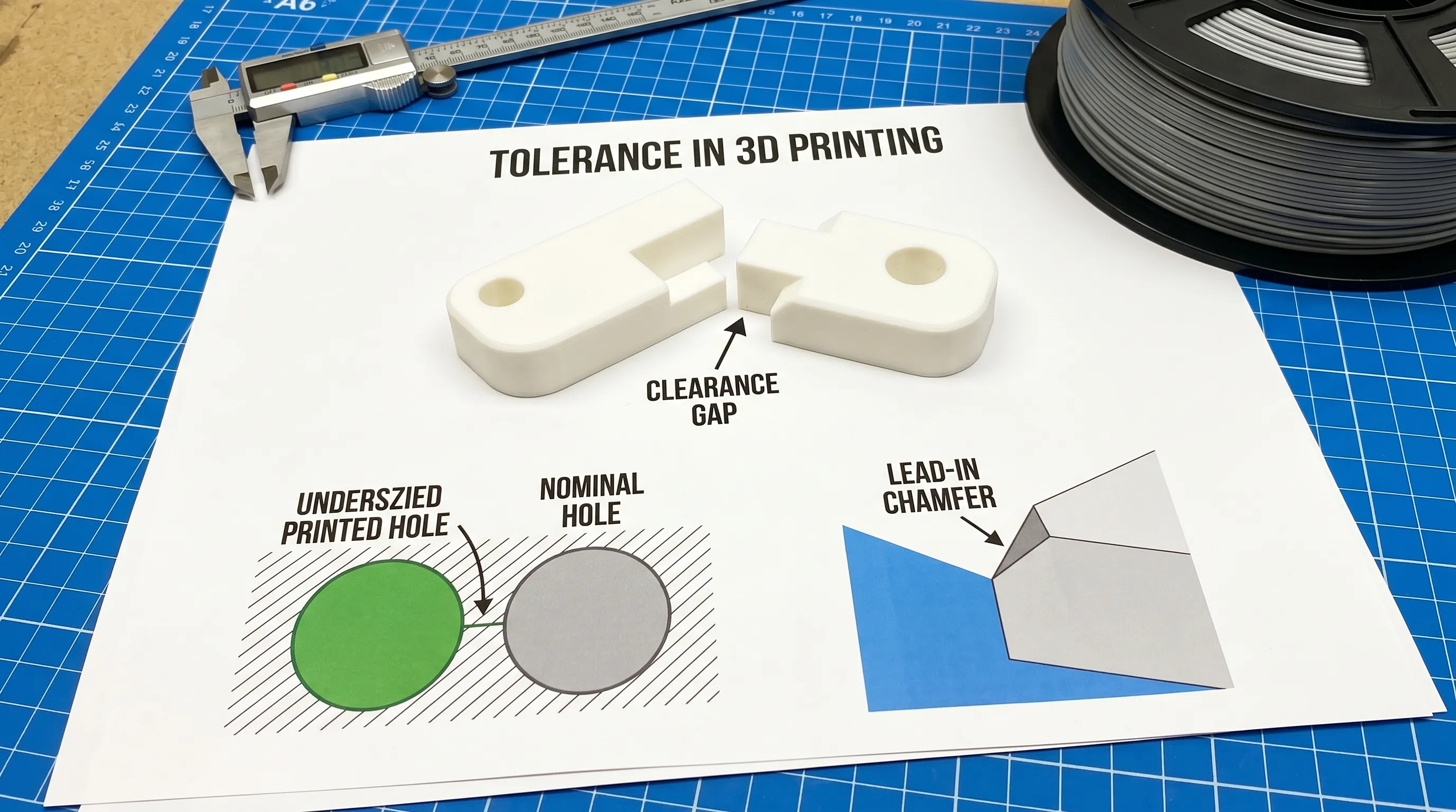 Simple diagram of tolerance in 3D printing: two mating parts with labeled clearance gap, an undersized printed hole vs nominal, and a lead-in chamfer to improve assembly.