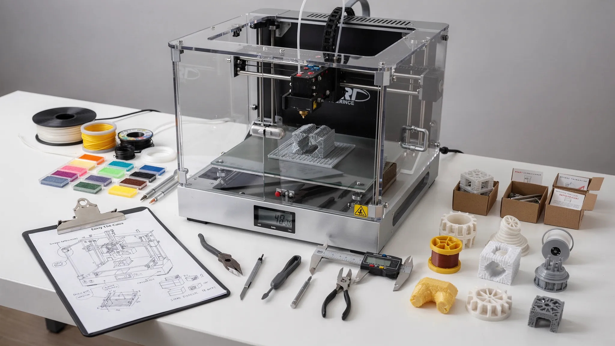 A 3D printing manufacturing workflow on a clean workbench, showing a sketch, material samples, a 3D printer making a part layer by layer, support removal tools, calipers, and finished printed components ready for packaging.