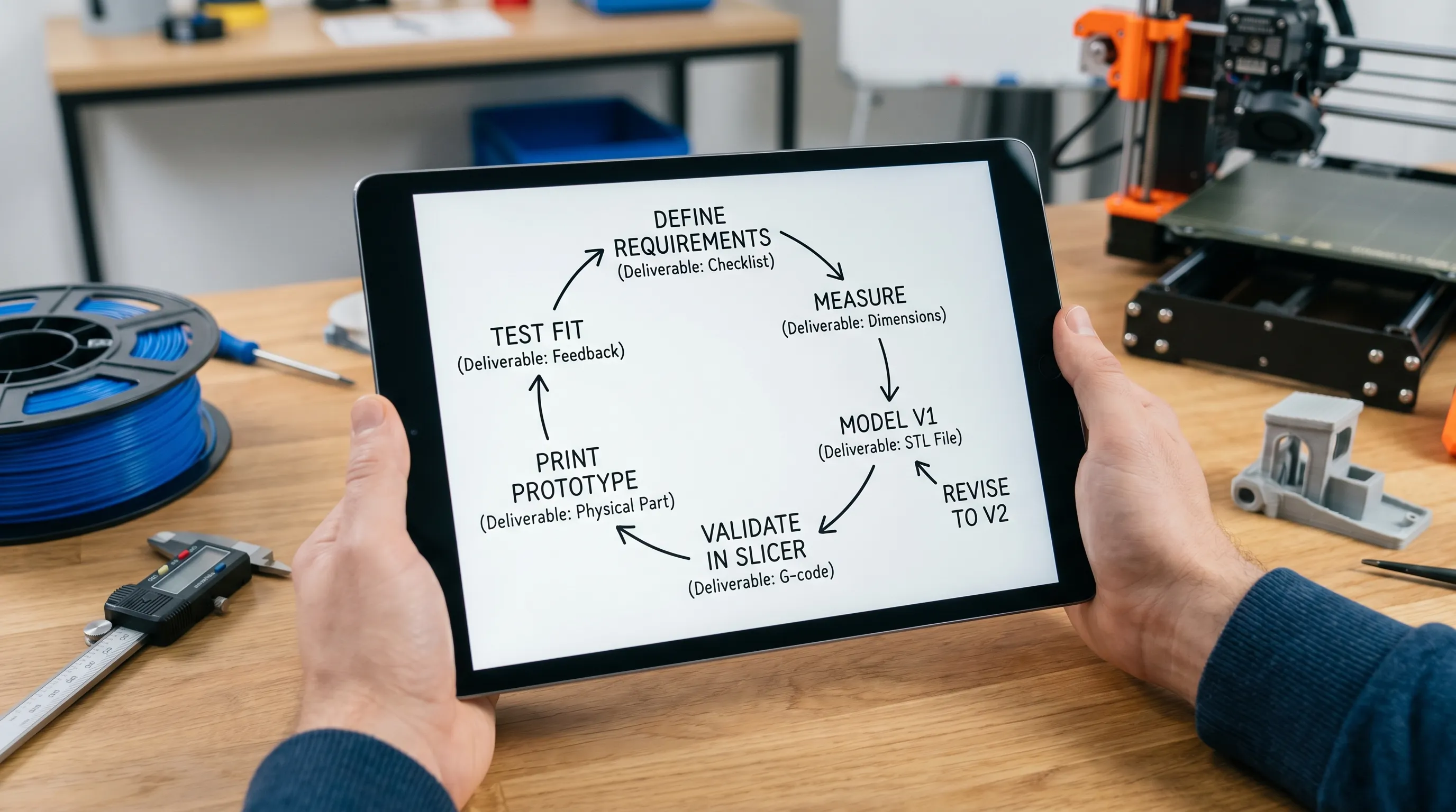 A beginner 3D design workflow shown as a simple loop: define requirements, measure, model V1, validate in slicer, print prototype, test fit, revise to V2. Each step is labeled with a short deliverable.