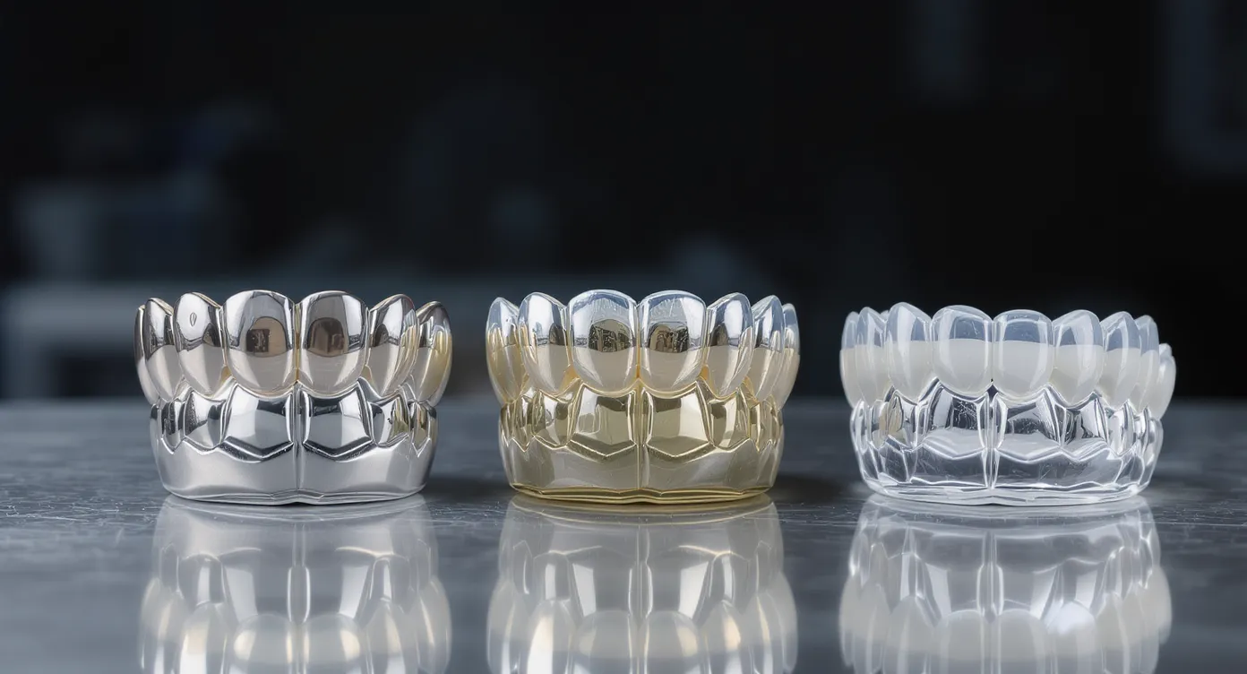 Close-up view of three All-on-4 frameworks—milled titanium, chrome-cobalt, and translucent monolithic zirconia—arranged on a reflective dental bench under studio lighting.