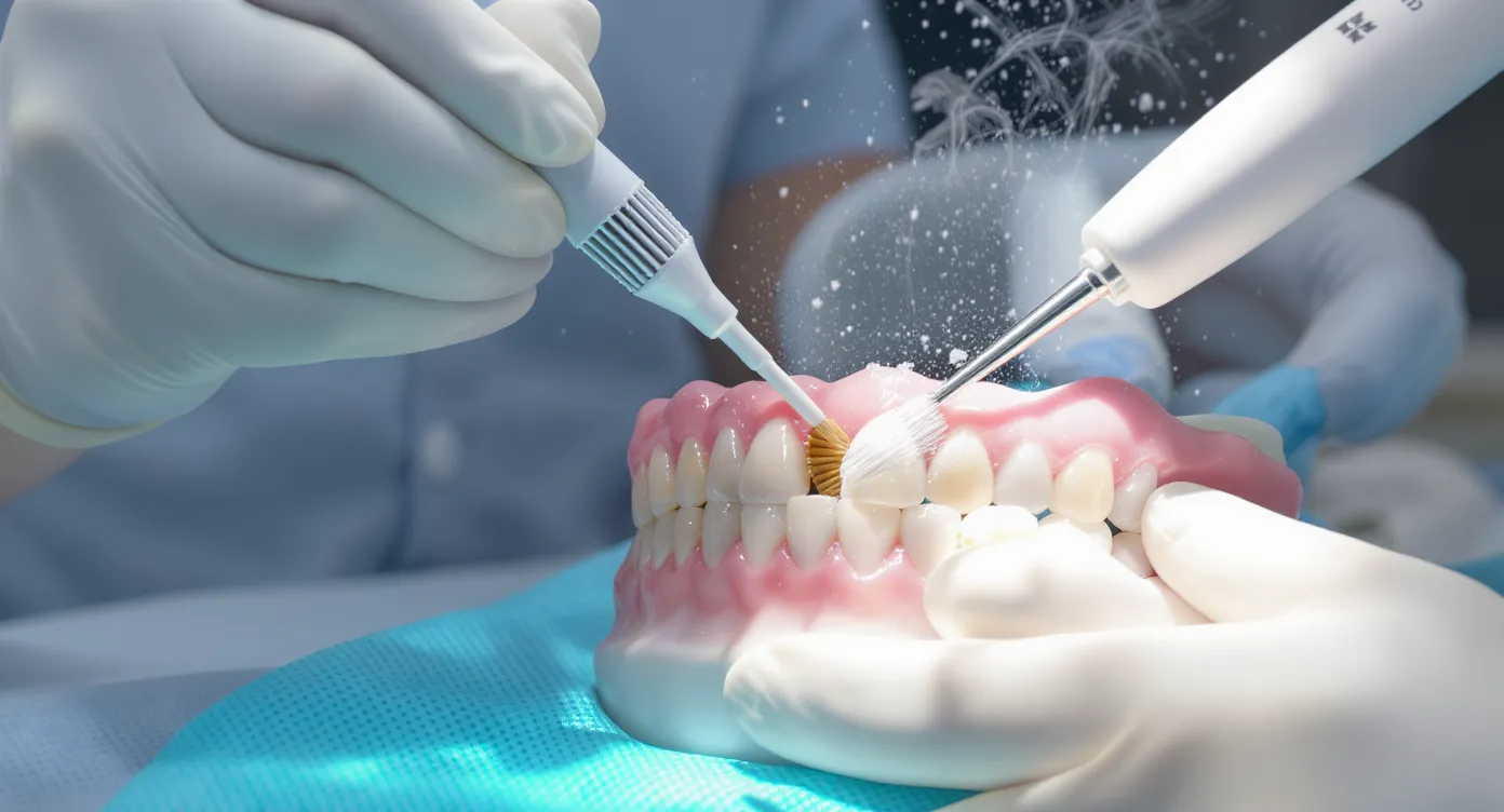 A dentist demonstrates post-operative hygiene on a model of an All-on-4 bridge, using a water flosser and a proxy brush under clinical lighting.
