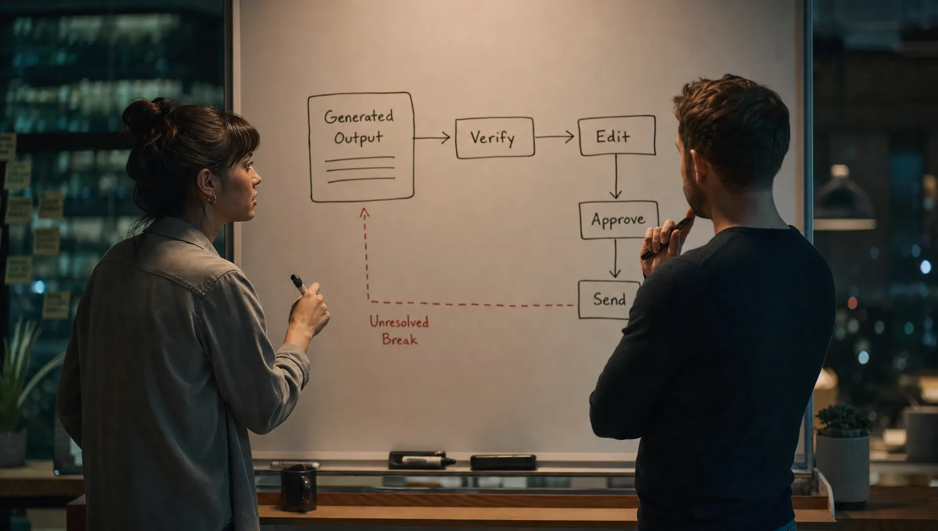 Two product people stand at a whiteboard in a late-evening office, tracing a generated output card into nearby actions labeled verify, edit, approve, and send, with one transition marked as the unresolved break.