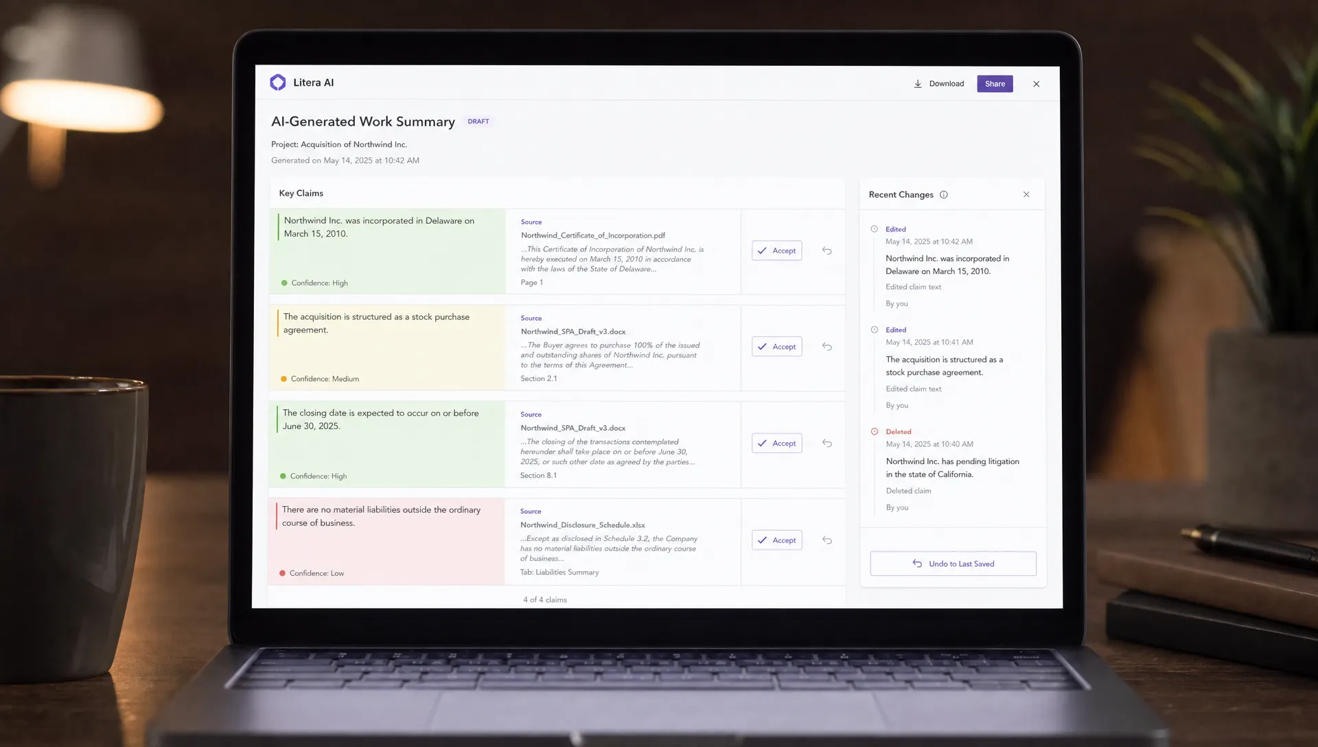 A product interface showing an AI-generated work summary with highlighted claims, source snippets beside each claim, field-level accept buttons, and an undo panel on a laptop screen facing the viewer.