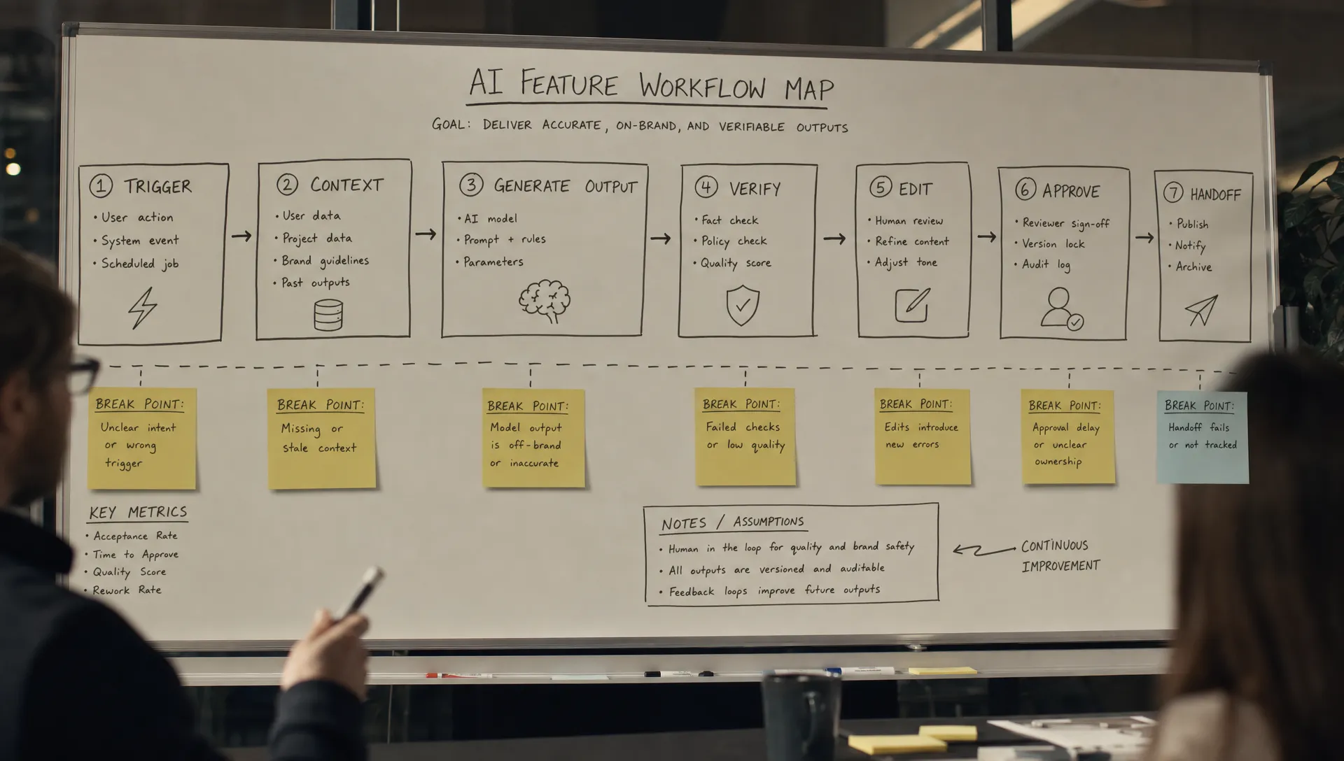 A whiteboard in a product room maps an AI feature across a real workflow from trigger to context to generated output to verification, editing, approval, and final handoff, with sticky notes marking the break points.
