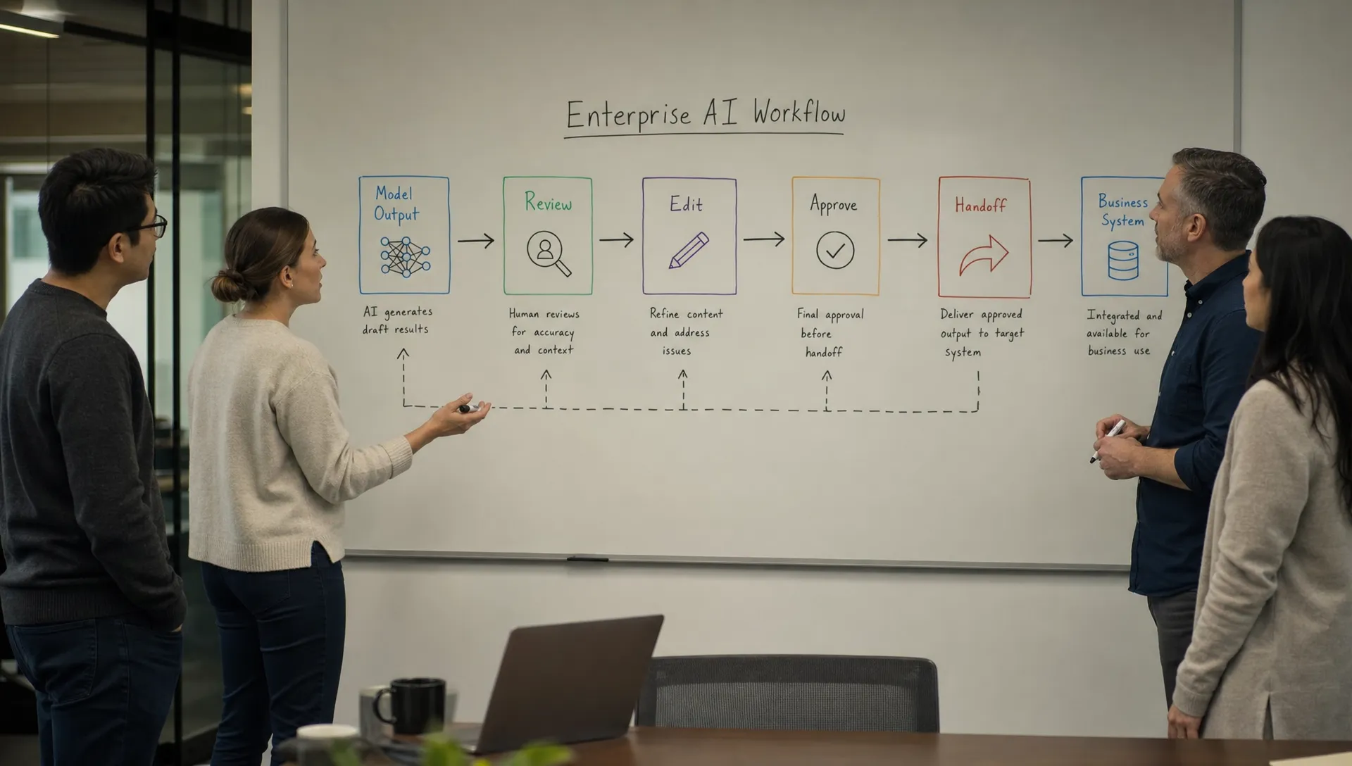 A product team maps an enterprise AI workflow on a whiteboard, showing model output moving through review, editing, approval, and handoff steps before reaching the final business system.