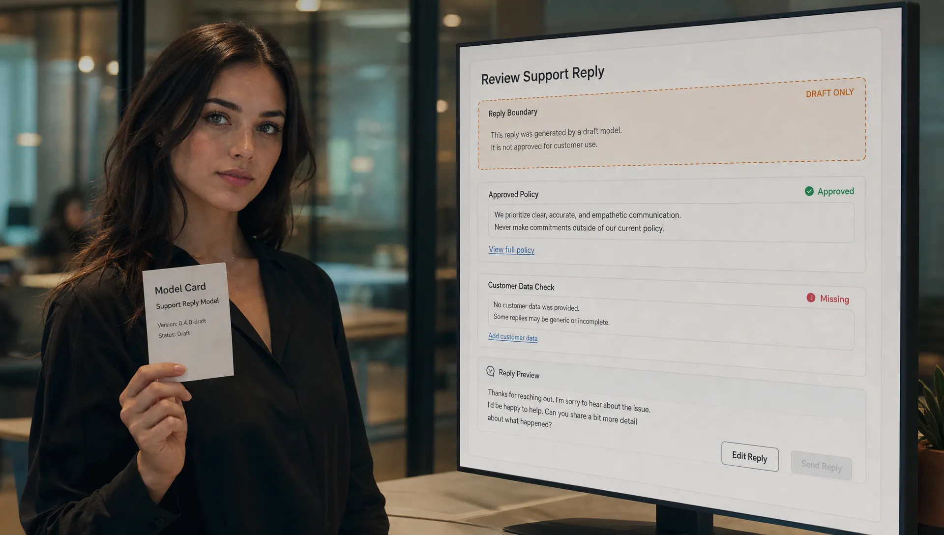 A model card beside a support reply review screen showing a draft-only boundary, an approved policy excerpt, a missing customer-data notice, and a disabled send control.