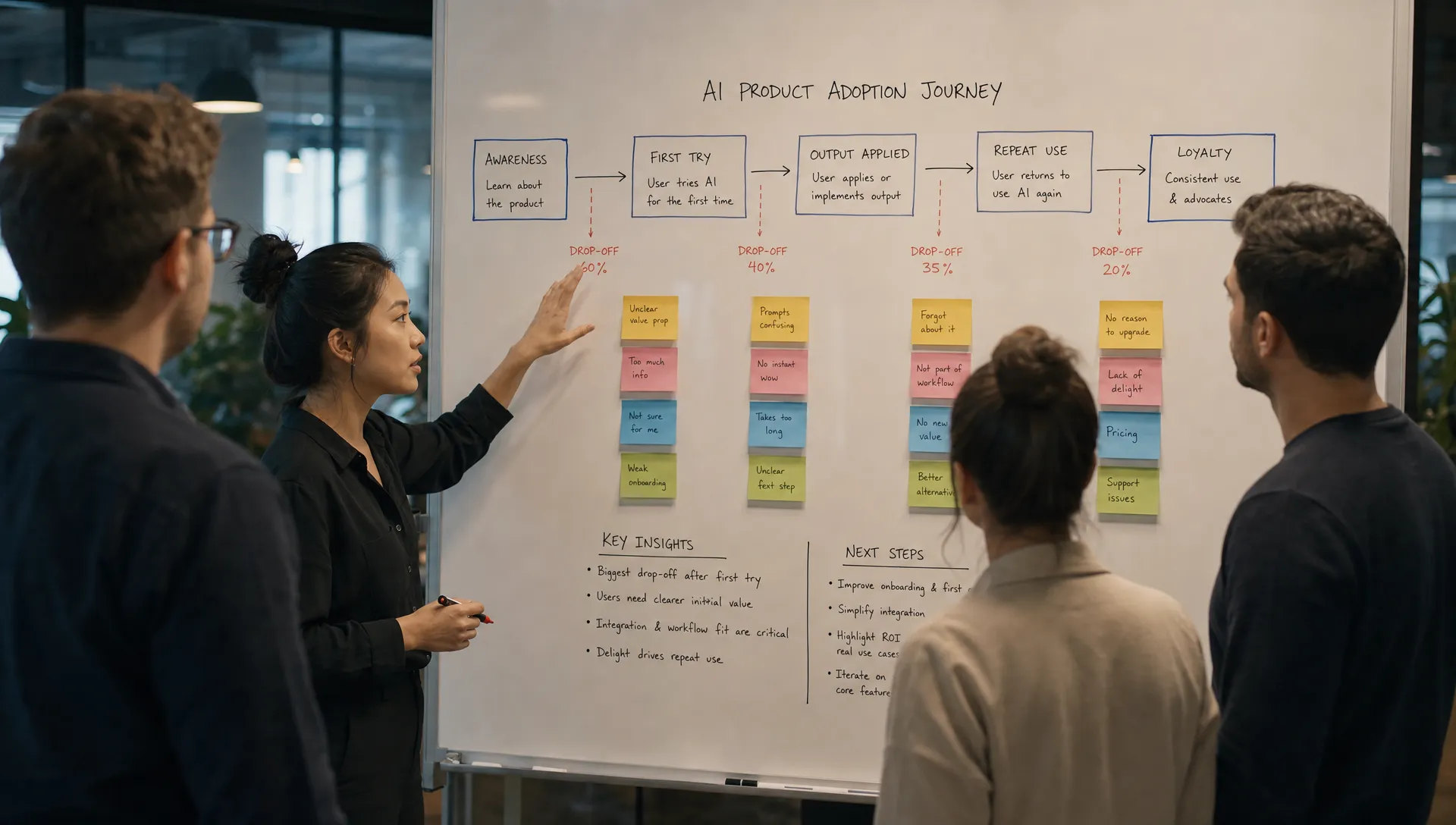 A product team stands around a whiteboard mapping post-launch AI adoption stages, with sticky notes marking where users drop off between first try, output applied, and repeat use.
