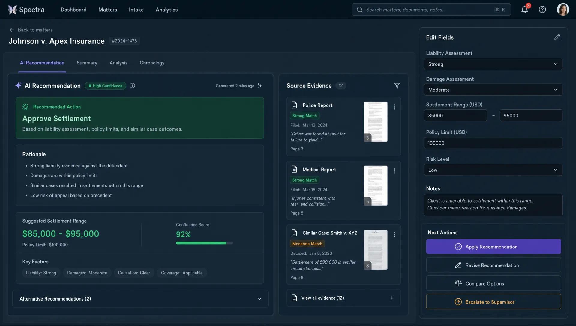 A product workflow canvas showing an AI-generated recommendation beside source evidence, editable fields, and clear next-action buttons such as apply, revise, compare, and escalate.