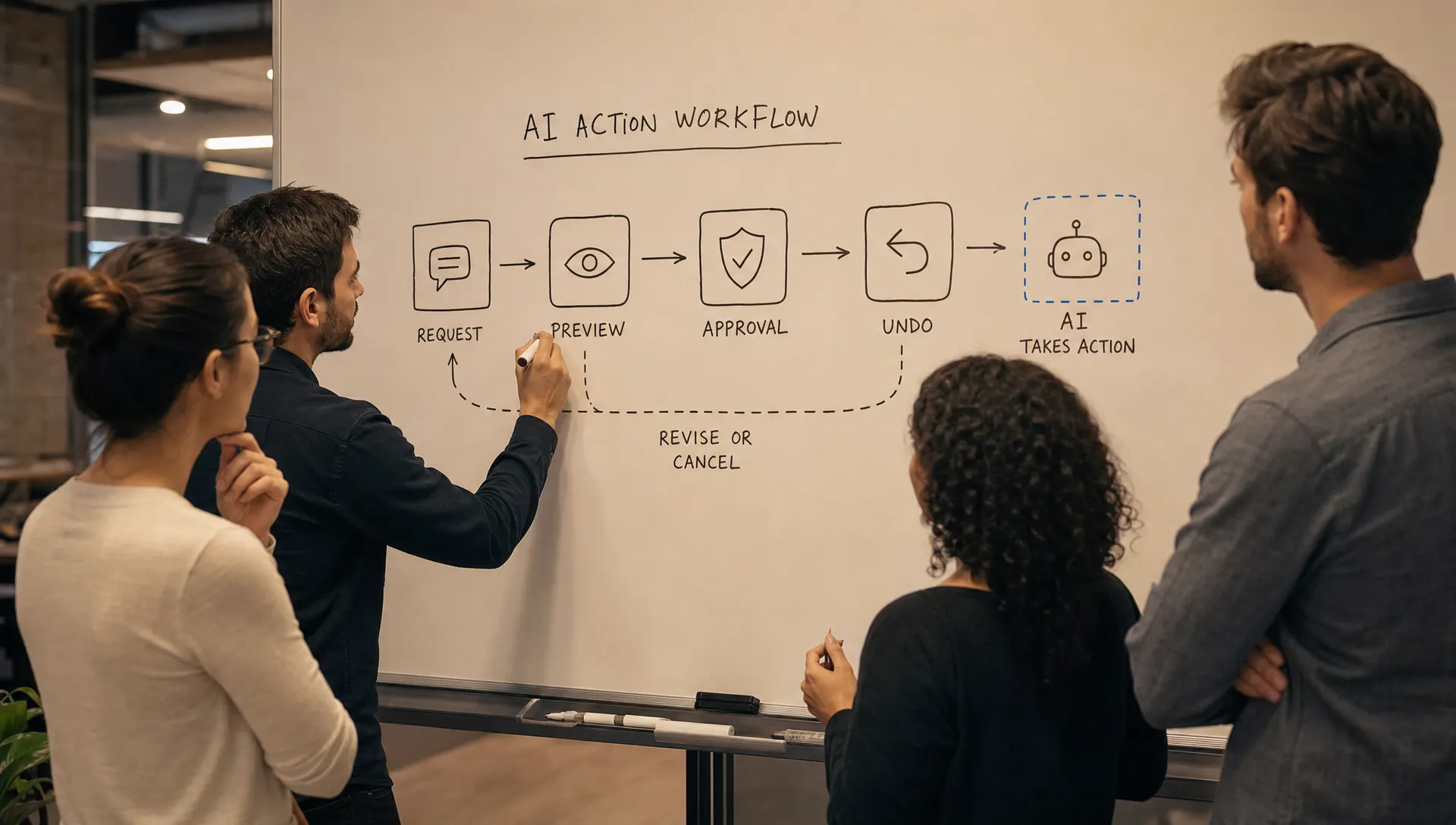 A product team studies a whiteboard workflow with request, preview, approval, and undo steps before letting AI take action.