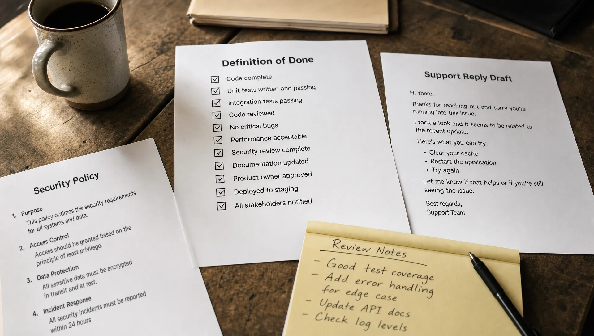 A printed definition-of-done checklist sits beside a support reply draft, a policy page, and handwritten review notes on a worktable.