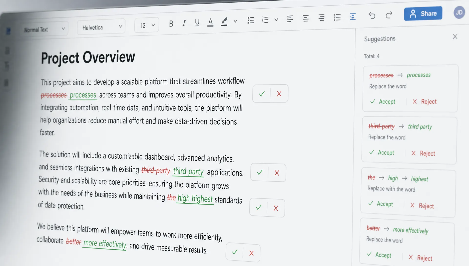 A document editor showing suggested inline changes inside the text, with accept and reject controls beside the marked sections and the surrounding paragraph still visible for comparison.