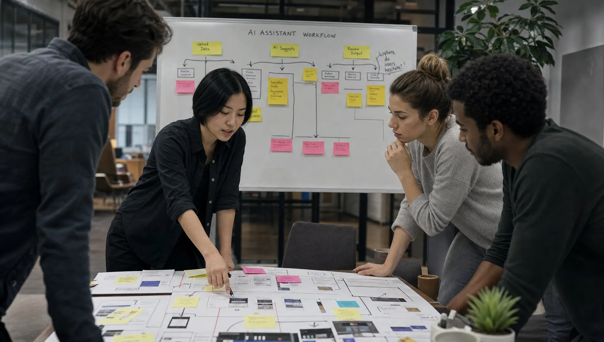A product team reviews printed workflow cards, sticky notes, and a whiteboard to find where users hesitate before accepting AI output.