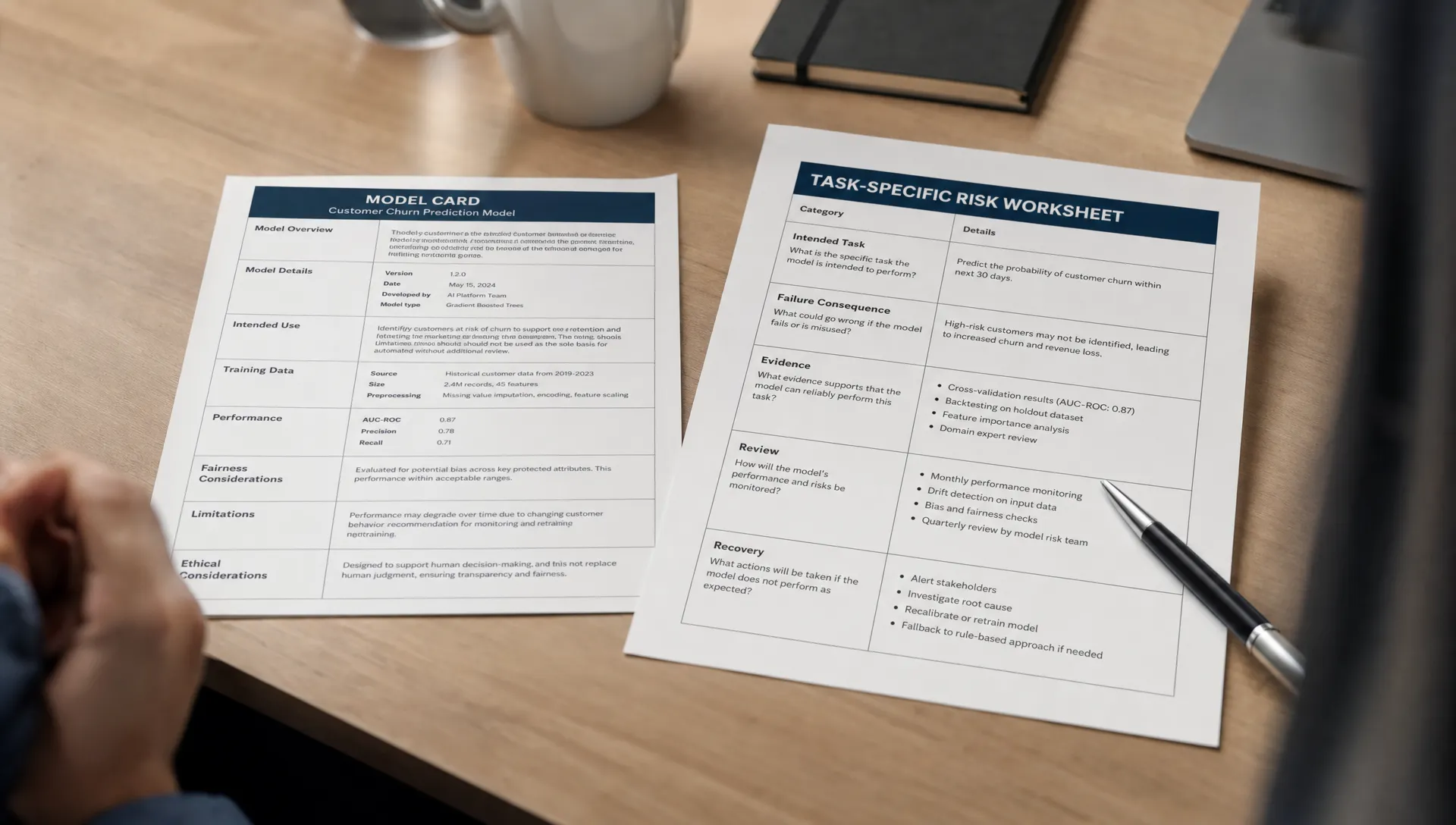 A printed model card and task-specific risk worksheet lie open on a product team's meeting table, with sections for intended task, failure consequence, evidence, review and recovery.