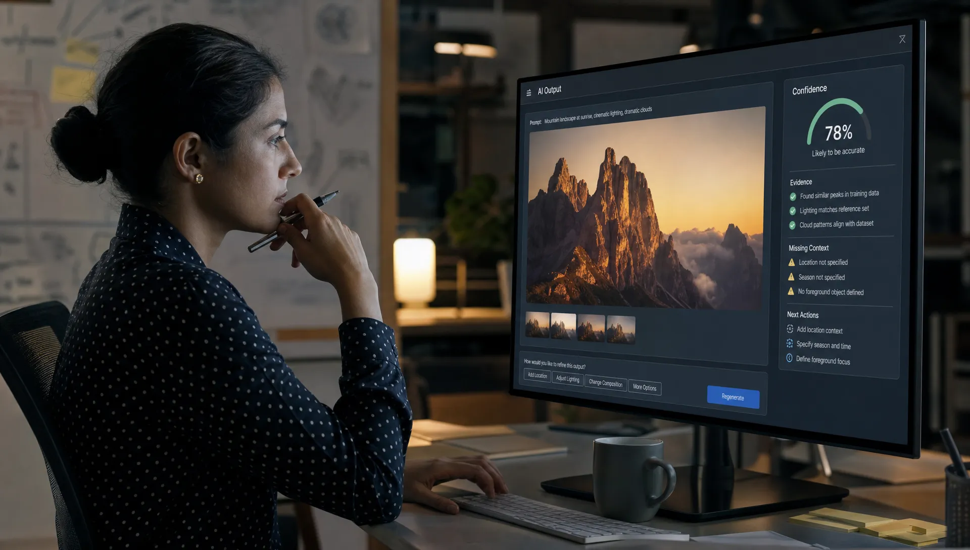 A product manager reviews an AI-generated output beside a confidence panel showing evidence, missing context, and next actions.