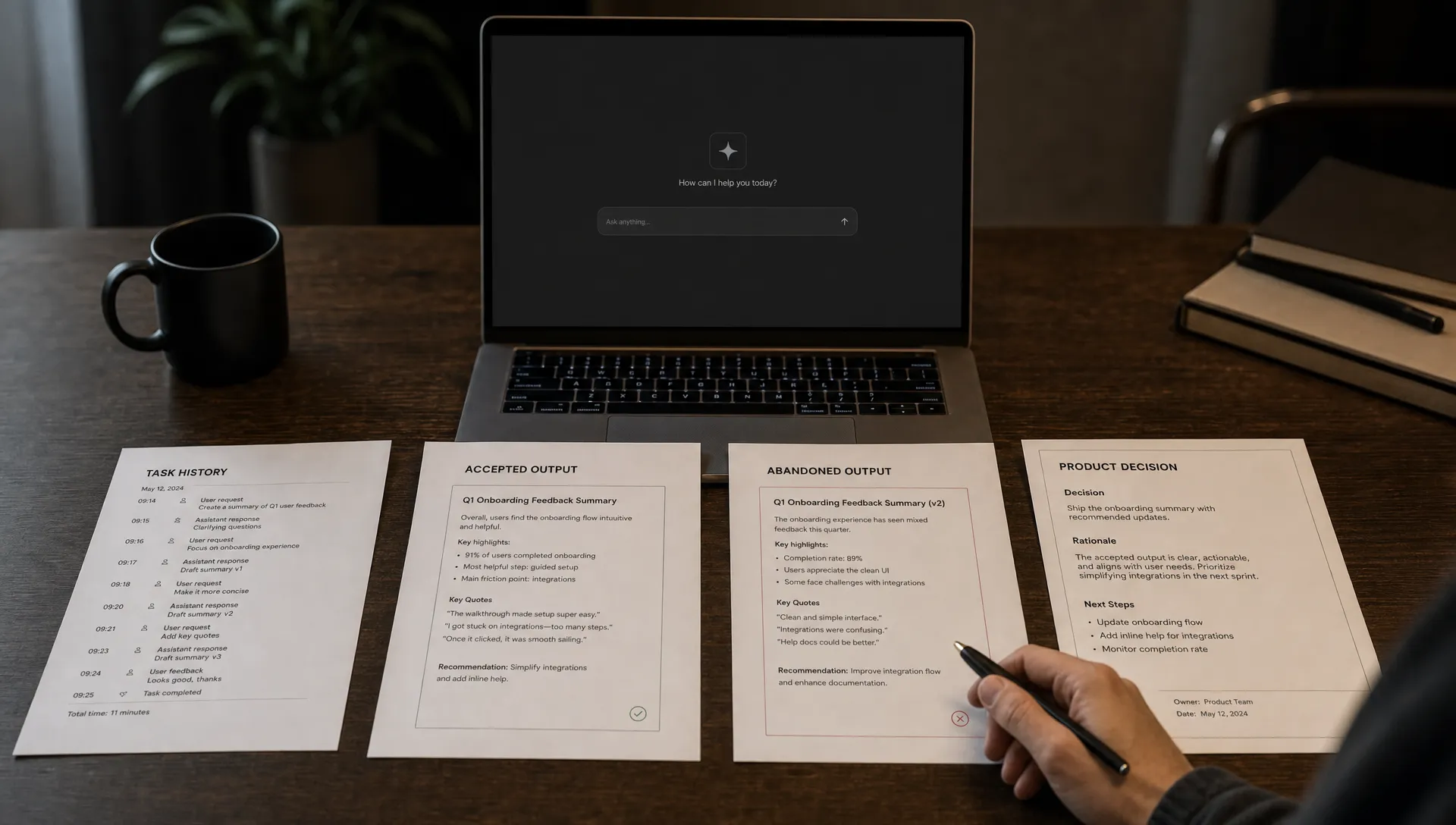 Anonymized task histories, accepted output and abandoned output sit on a table beside a written product decision during an AI shipping review.