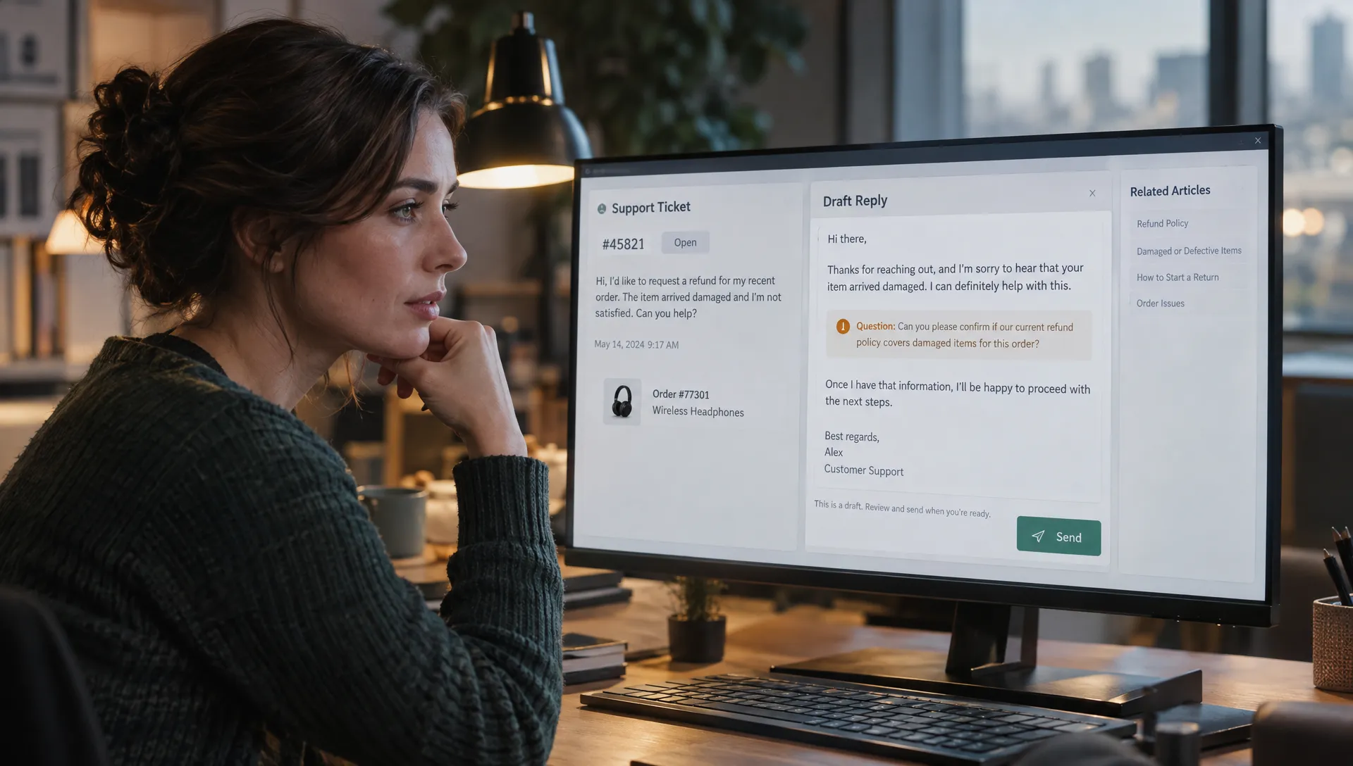 A support reply draft uses the current ticket as context, flags an unresolved refund-policy question, and leaves the separate send control for the user to approve.