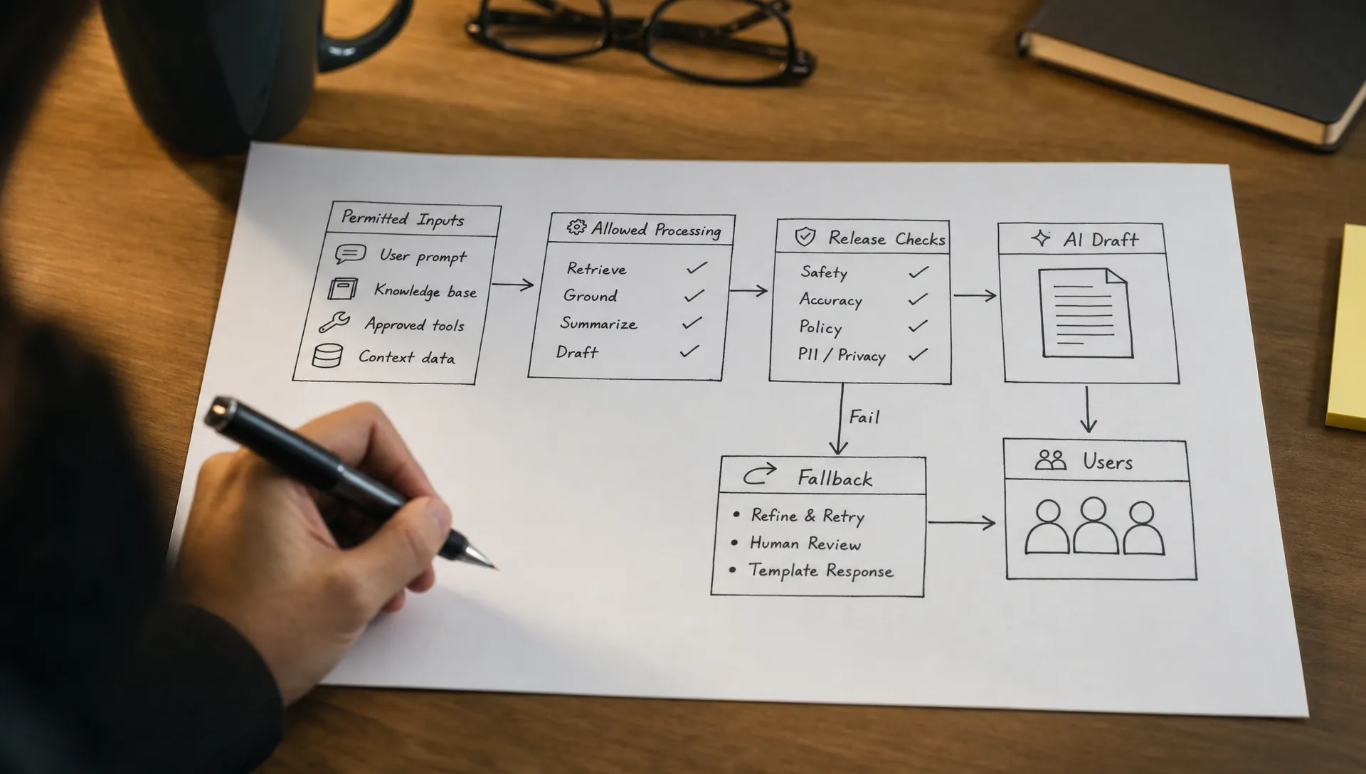 A release workflow on paper shows permitted inputs, allowed processing, release checks and an explicit fallback before an AI draft reaches users.