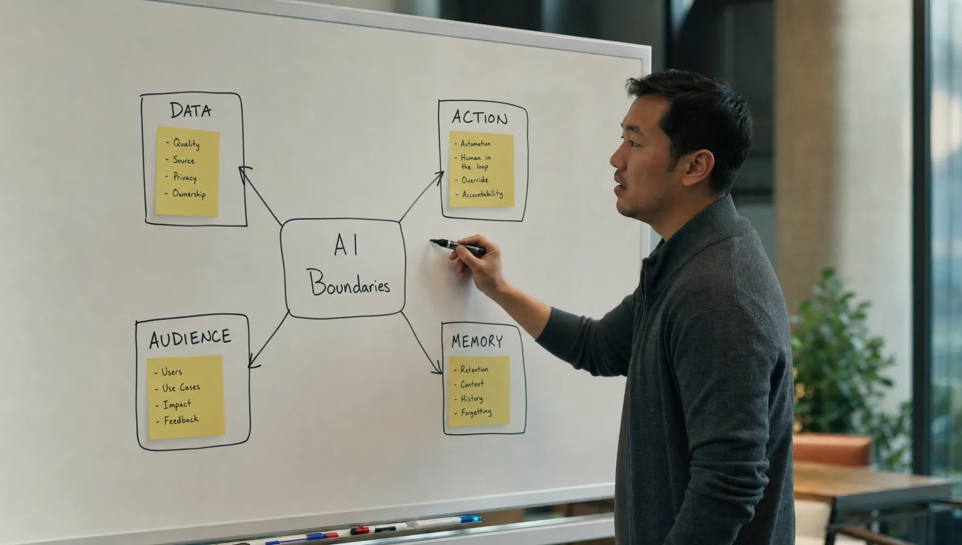 A product manager maps AI boundaries on a whiteboard with labels for data, action, audience, and memory, with sticky notes beside each one.