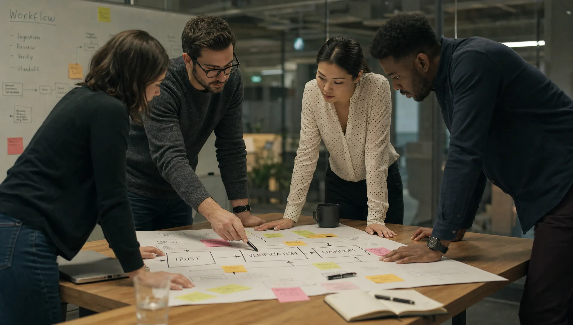 A product team reviews a workflow map on the table, with notes on trust, verification, and handoff points.