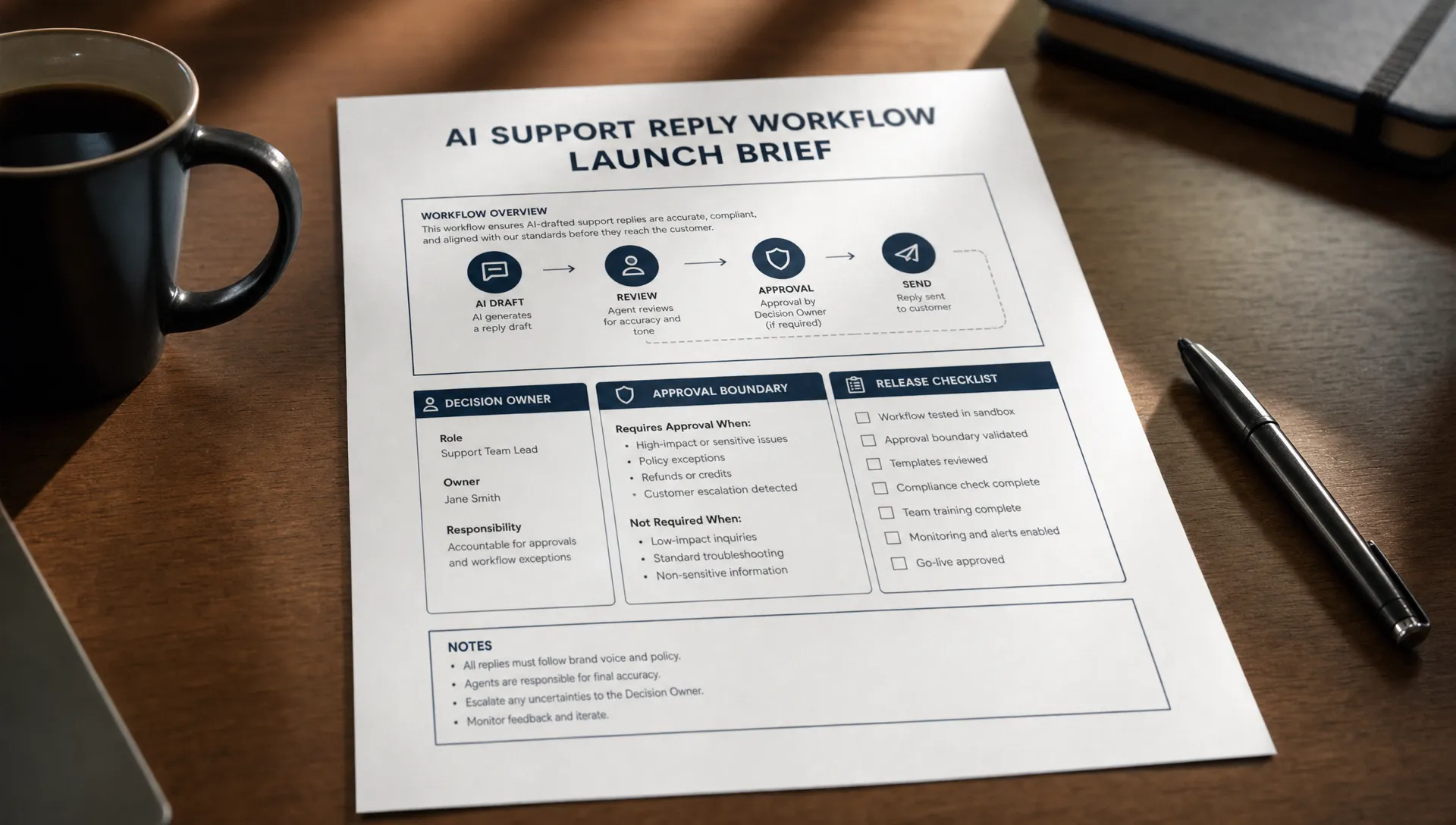 A printed launch brief for an AI support reply workflow shows the decision owner, approval boundary, and release checklist on the table.