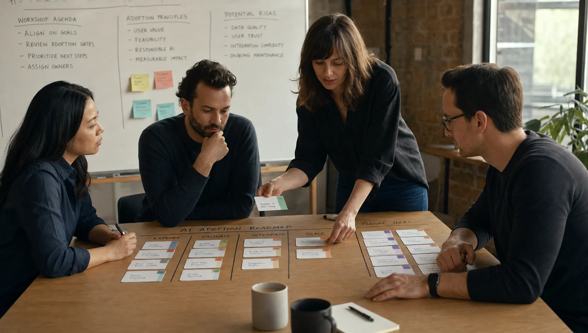 A product team reviews an AI roadmap at a workshop table, comparing adoption-gate cards with task notes and a separate pile of feature cards.