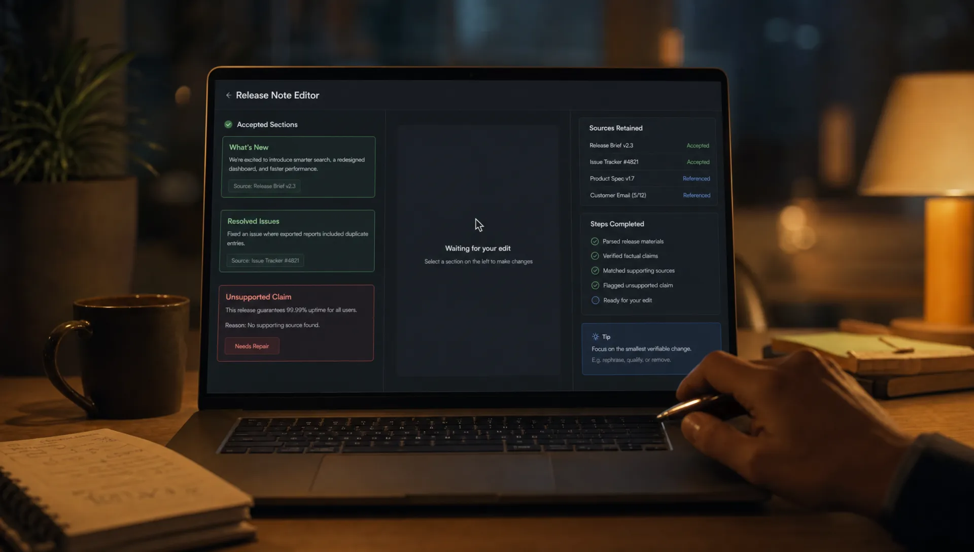 A release-note editor preserves two accepted sections while one unsupported claim is marked for repair.