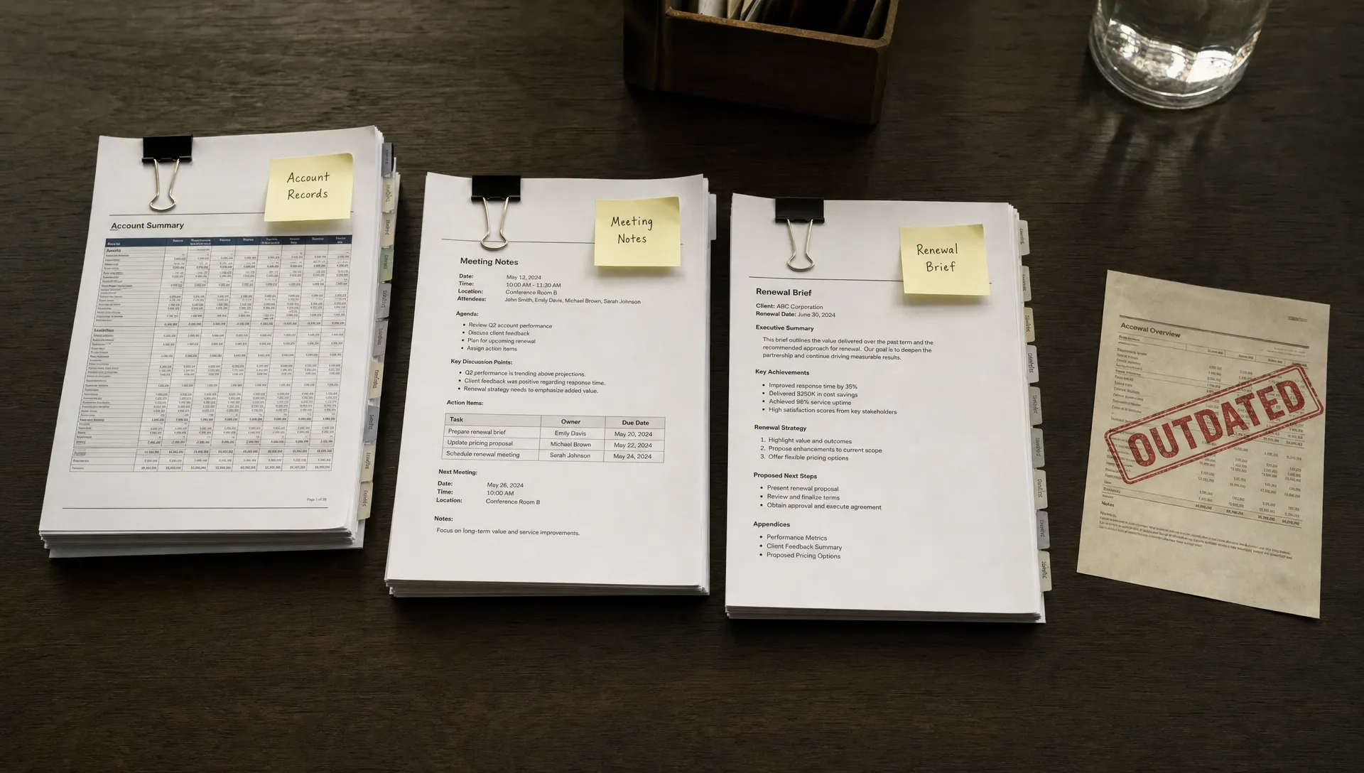 Printed account records, a dated meeting note, and a renewal brief are arranged side by side while one outdated page is set apart.