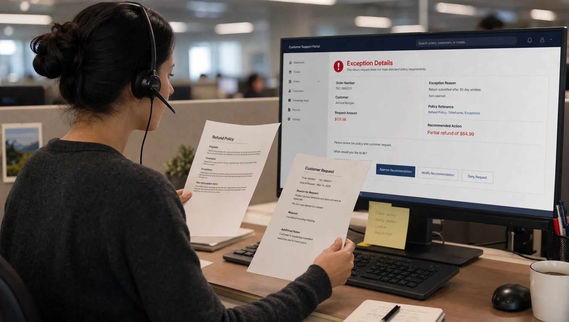 A support agent compares a refund recommendation with a printed policy and a customer request while the screen shows an exception that needs a decision.