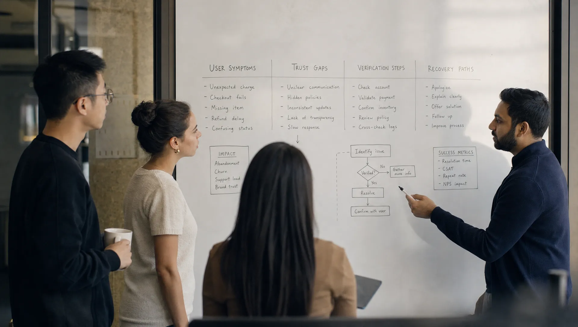 A product team studies a whiteboard with notes about user symptoms, trust gaps, verification steps, and recovery paths.