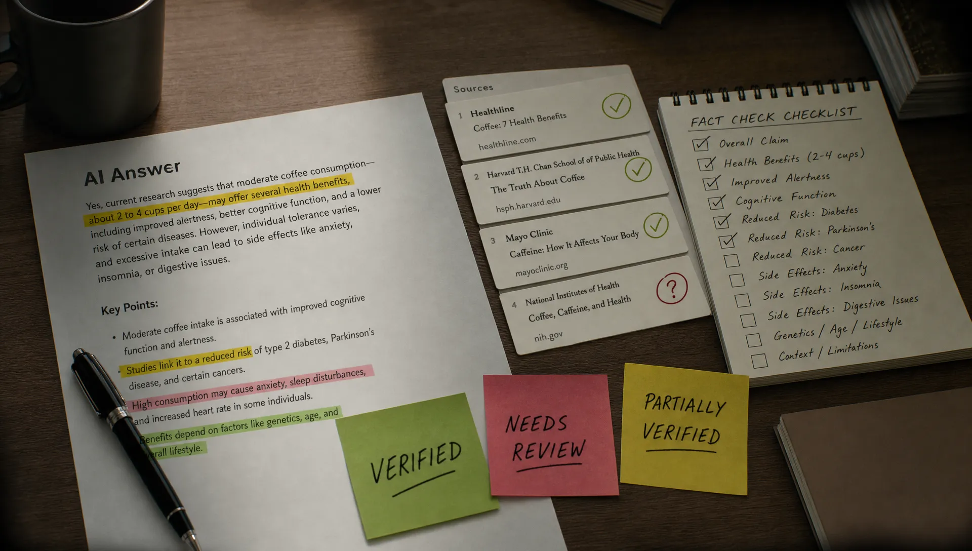 A close-up desk scene with a printed AI answer beside highlighted claims, source cards, a checklist, and sticky notes marking which parts are verified and which still need review.