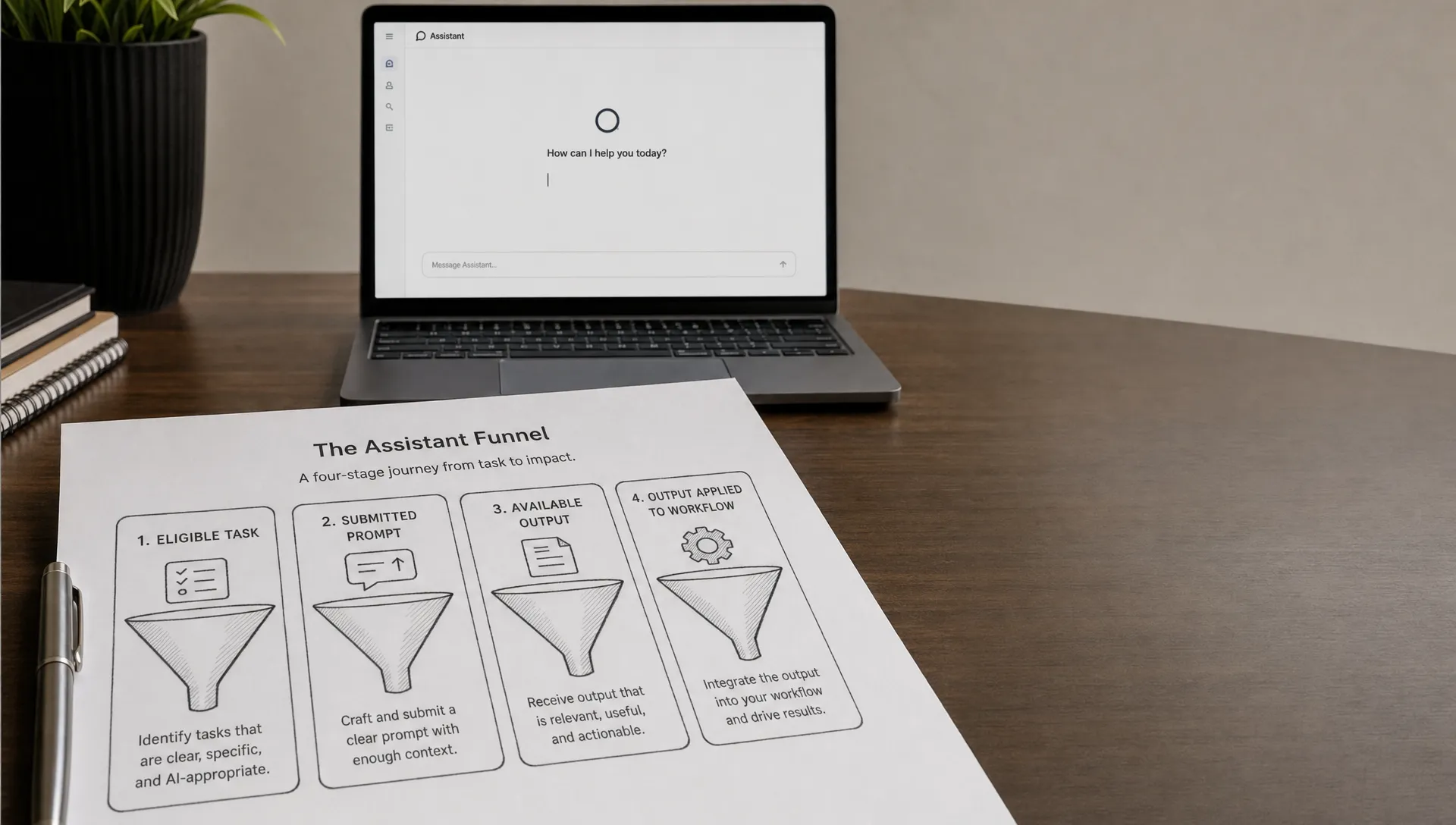 A printed funnel sheet shows eligible task, submitted prompt, available output, and output applied to the workflow.