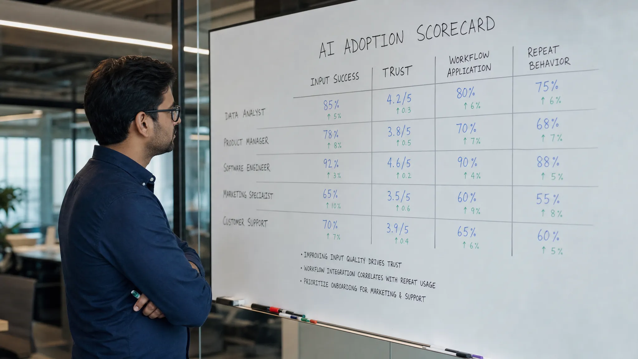 A product manager reviews an AI adoption scorecard on a whiteboard, with columns for input success, trust, workflow application, and repeat behavior.