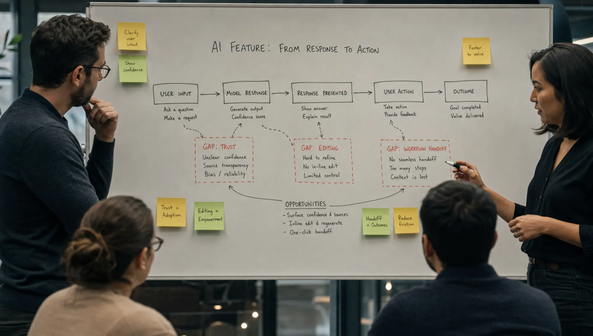 A product team studies a whiteboard map of an AI feature from model response to user action, with gaps marked at trust, editing, and workflow handoff.