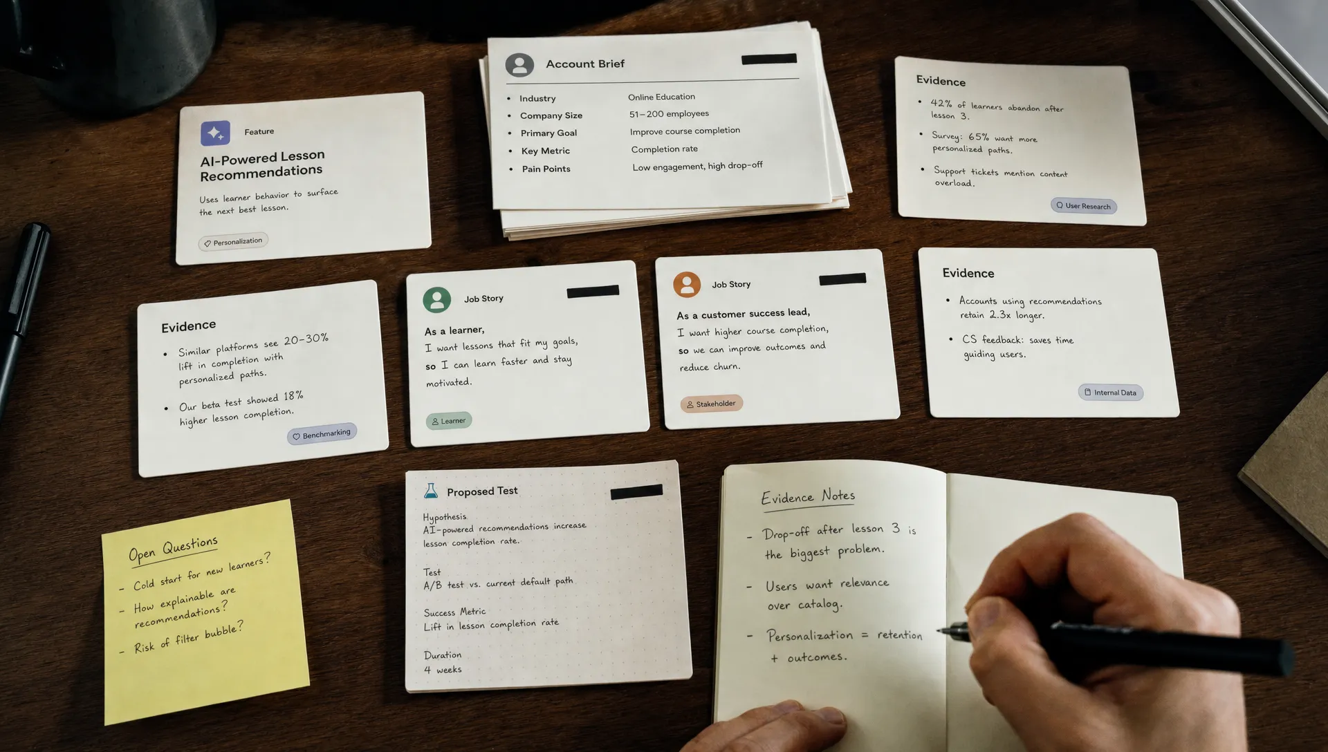 A tabletop product review with cards, anonymized account briefs, handwritten evidence notes, and a proposed test for an AI feature.