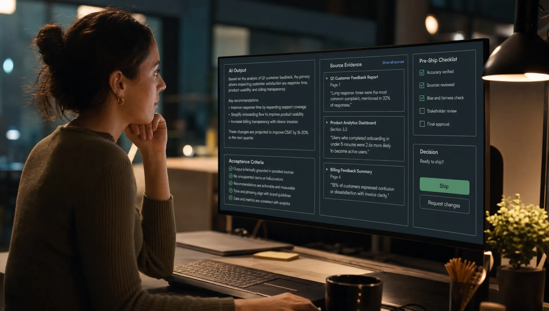 A product manager reviewing an AI output beside highlighted source evidence, acceptance controls and a short checklist before deciding what to ship.