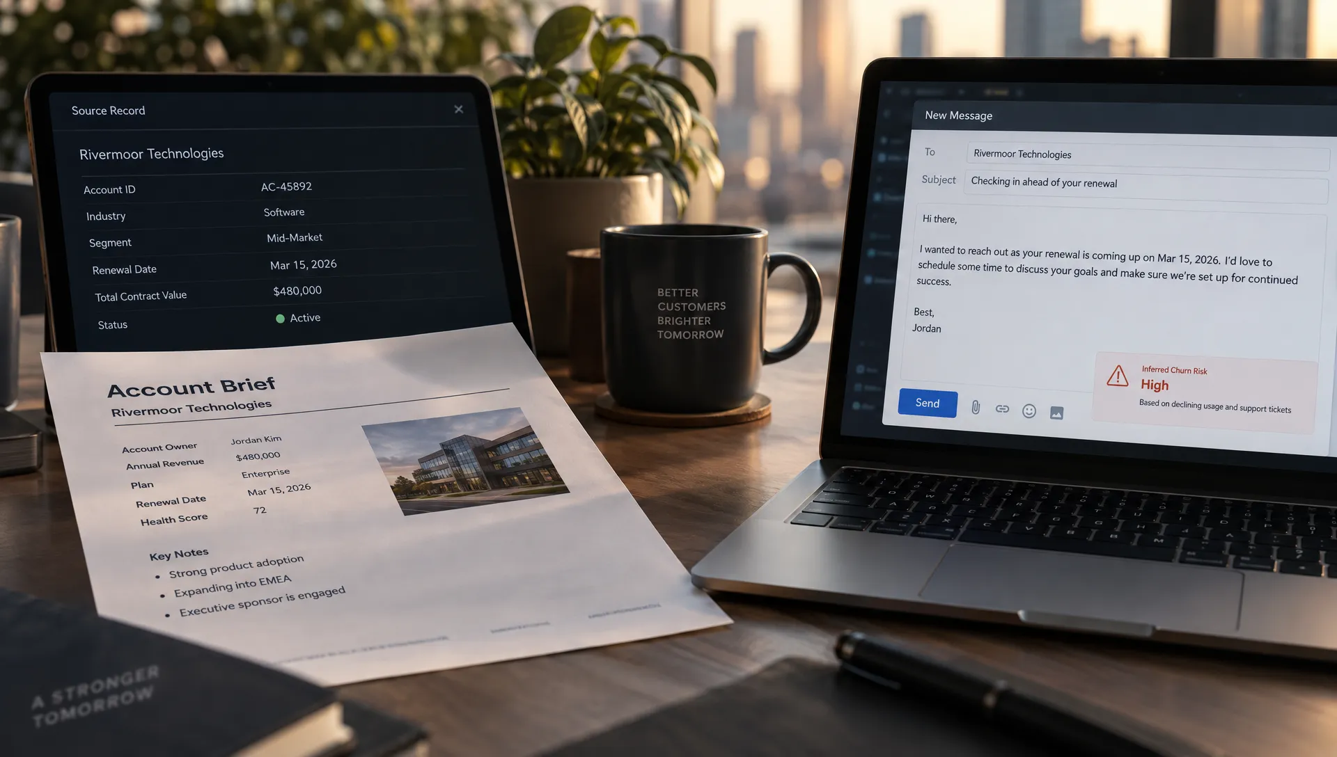 A printed account brief beside its source record and an unsent email draft, distinguishing the recorded renewal date from the inferred churn risk.