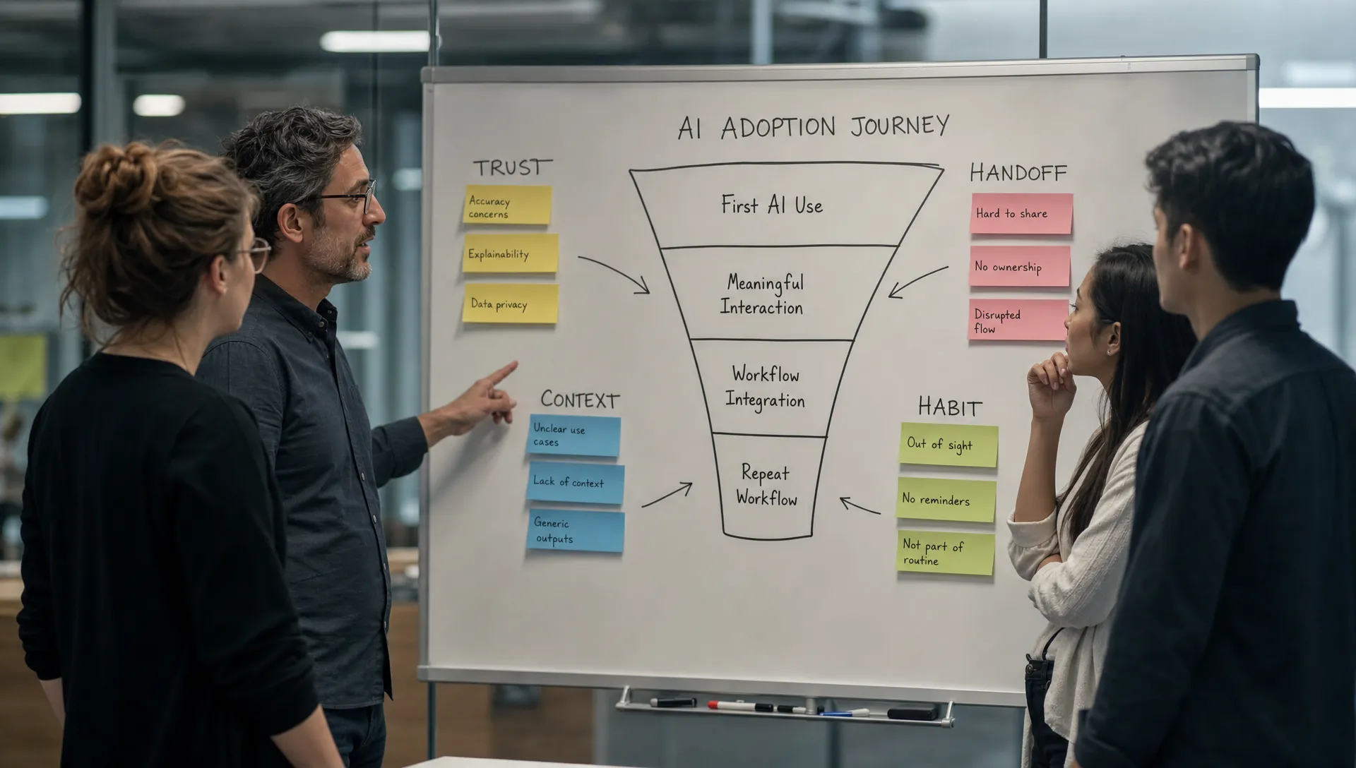 A product team standing around a whiteboard with a simple funnel from first AI use to repeat workflow, with sticky notes grouped around four adoption breaks: trust, context, handoff, and habit.