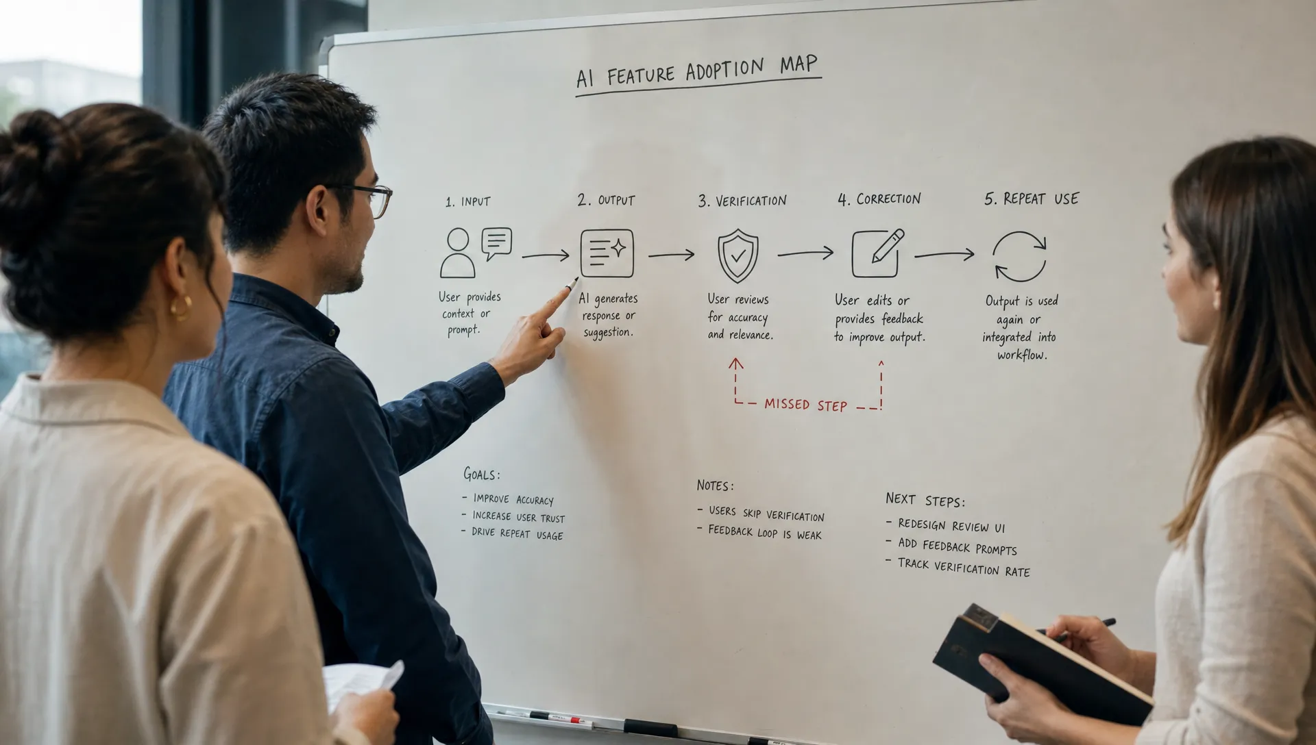 A product team reviewing an AI feature adoption map on a whiteboard, with stages for input, output, verification, correction, and repeat use, while one person points at a missed step and another holds a notebook.