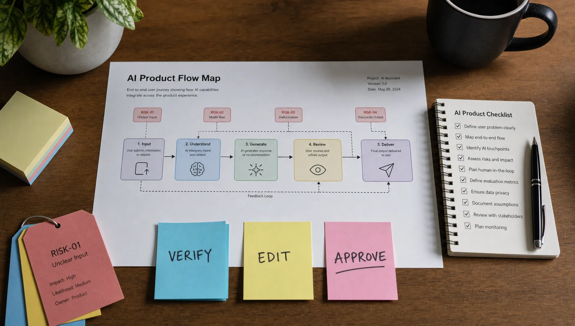 A tabletop workspace with a printed AI product flow map, risk tags, sticky notes labeled verify, edit and approve, and a checklist beside the flow diagram.