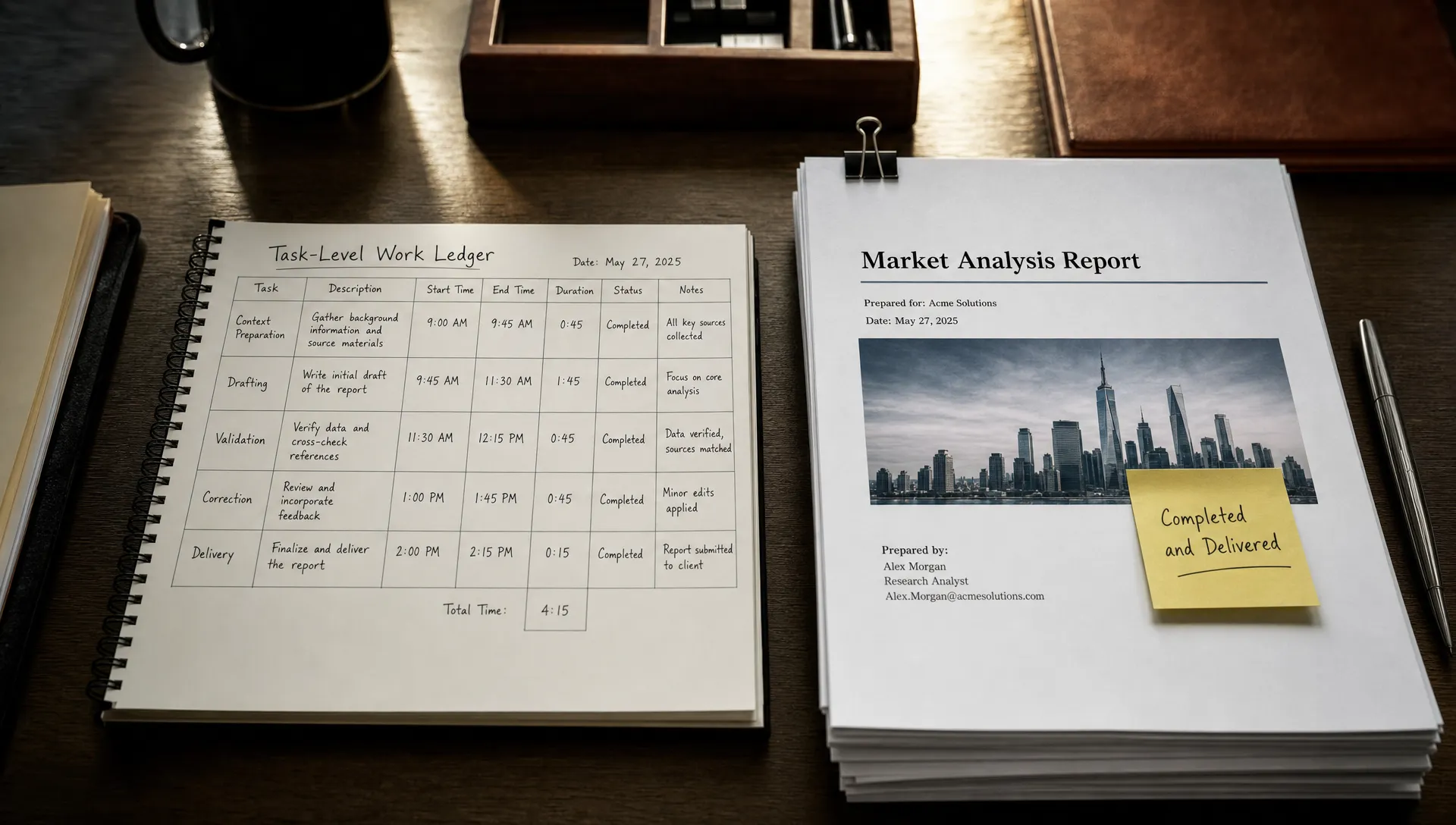 A task-level work ledger sits beside a completed report, with separate notes for context preparation, drafting, validation, correction, and delivery.