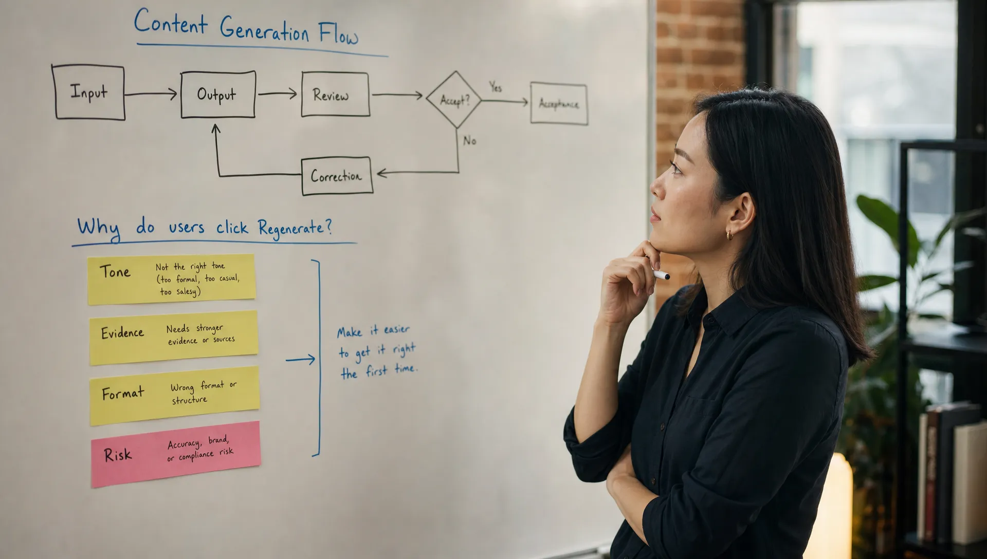 A product manager studies a whiteboard flow with decision points labeled input, output, review, correction, and acceptance, while sticky notes list reasons someone might click Regenerate, including tone, evidence, format, and risk.