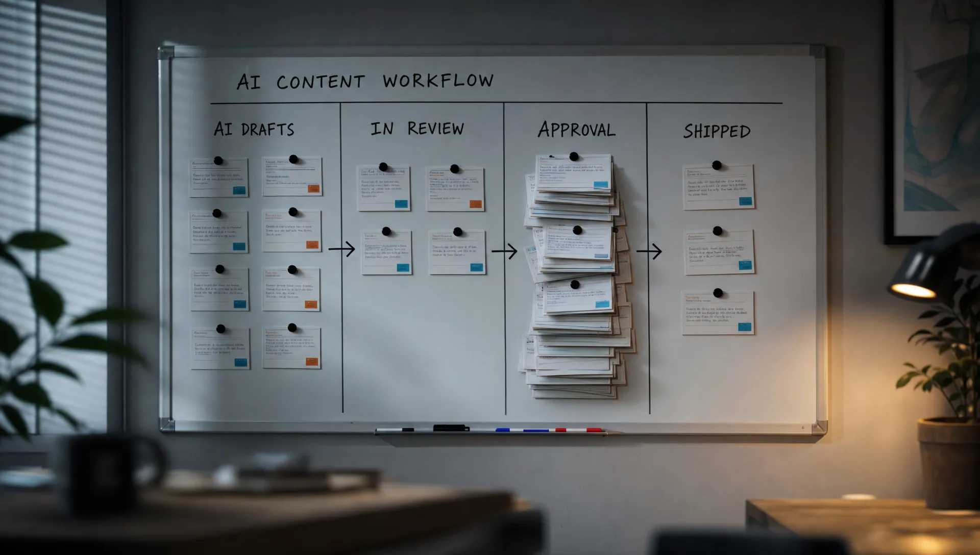 A workflow board tracks AI drafts moving into review, approval and shipped work, with one pileup at the approval stage.