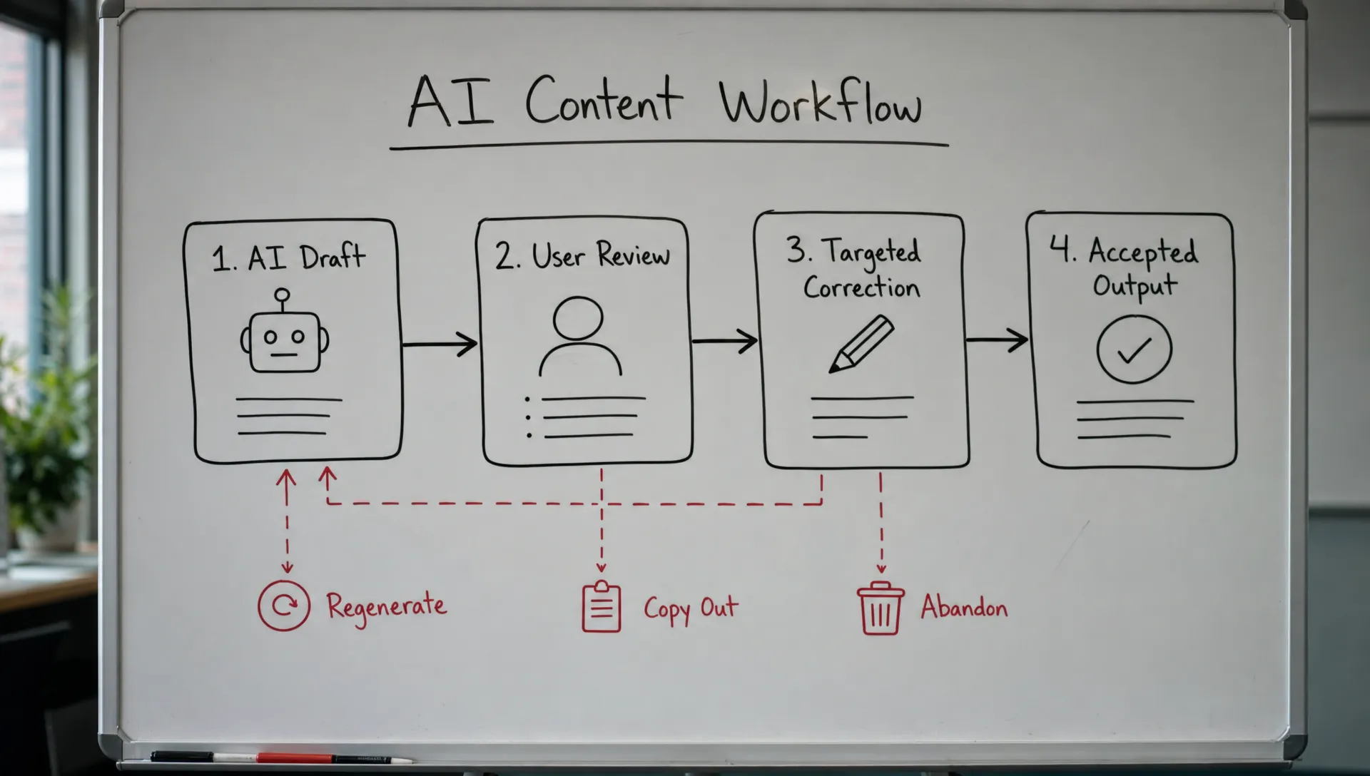 A simple workflow diagram on a whiteboard showing four stages: AI draft, user review, targeted correction, and accepted output, with red markers at points where users regenerate, copy out, or abandon.