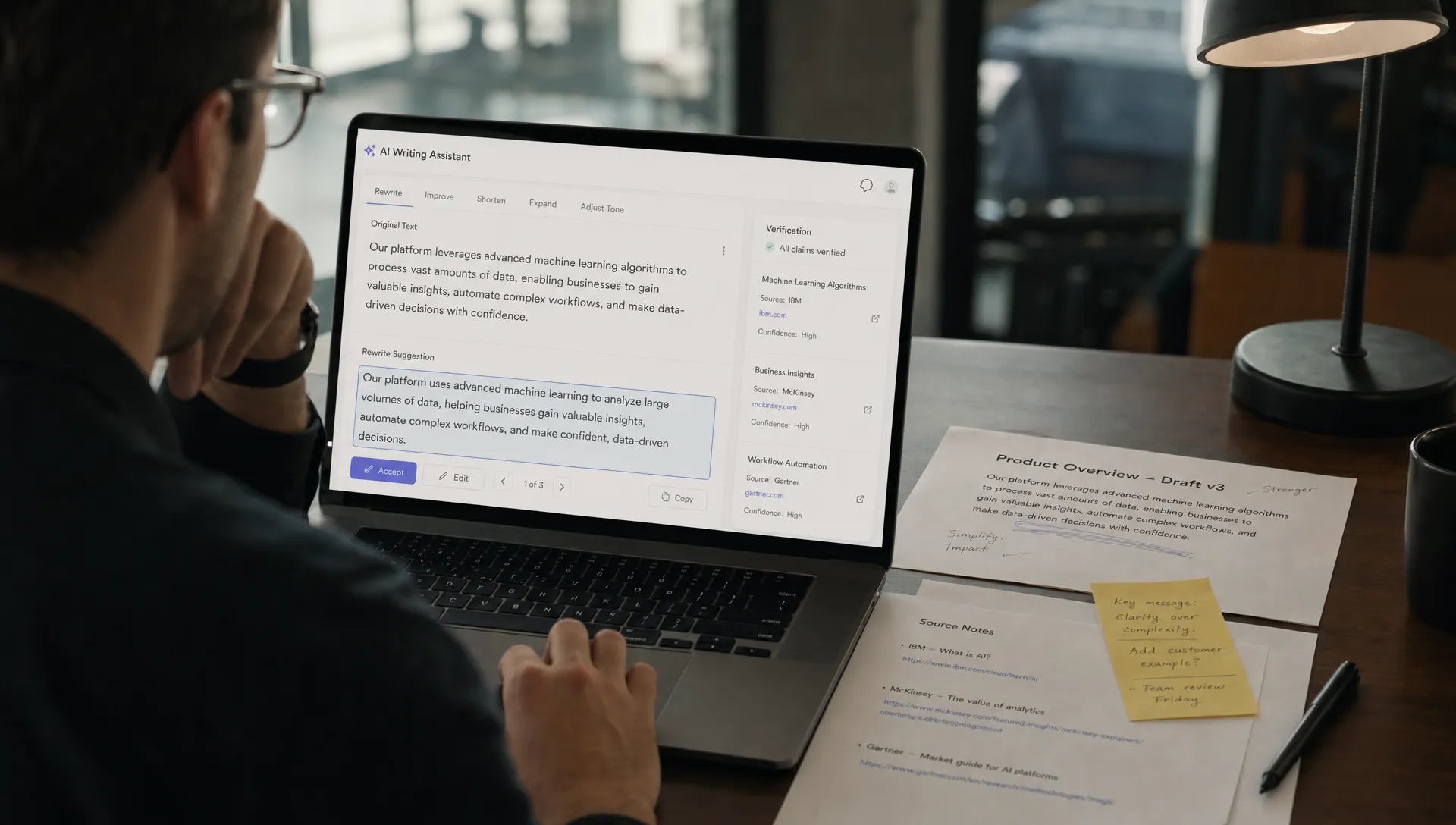 A product manager at a desk reviews a laptop screen showing an AI writing assistant with inline rewrite suggestions, before-and-after text, accept and edit controls, and a small verification panel, with printed draft pages and source notes beside the keyboard.