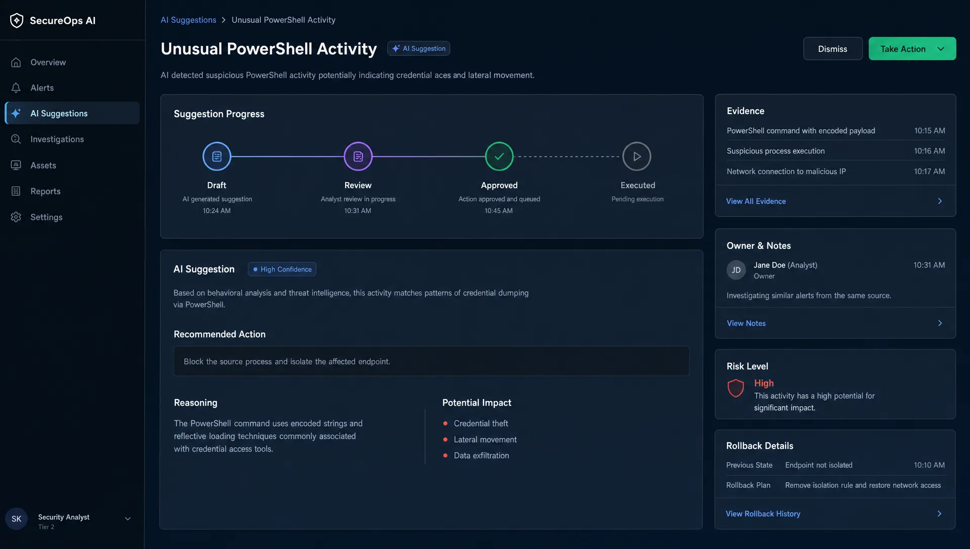 An AI suggestion moves from draft to review to approved beside visible evidence, owner notes, risk level, and rollback details.